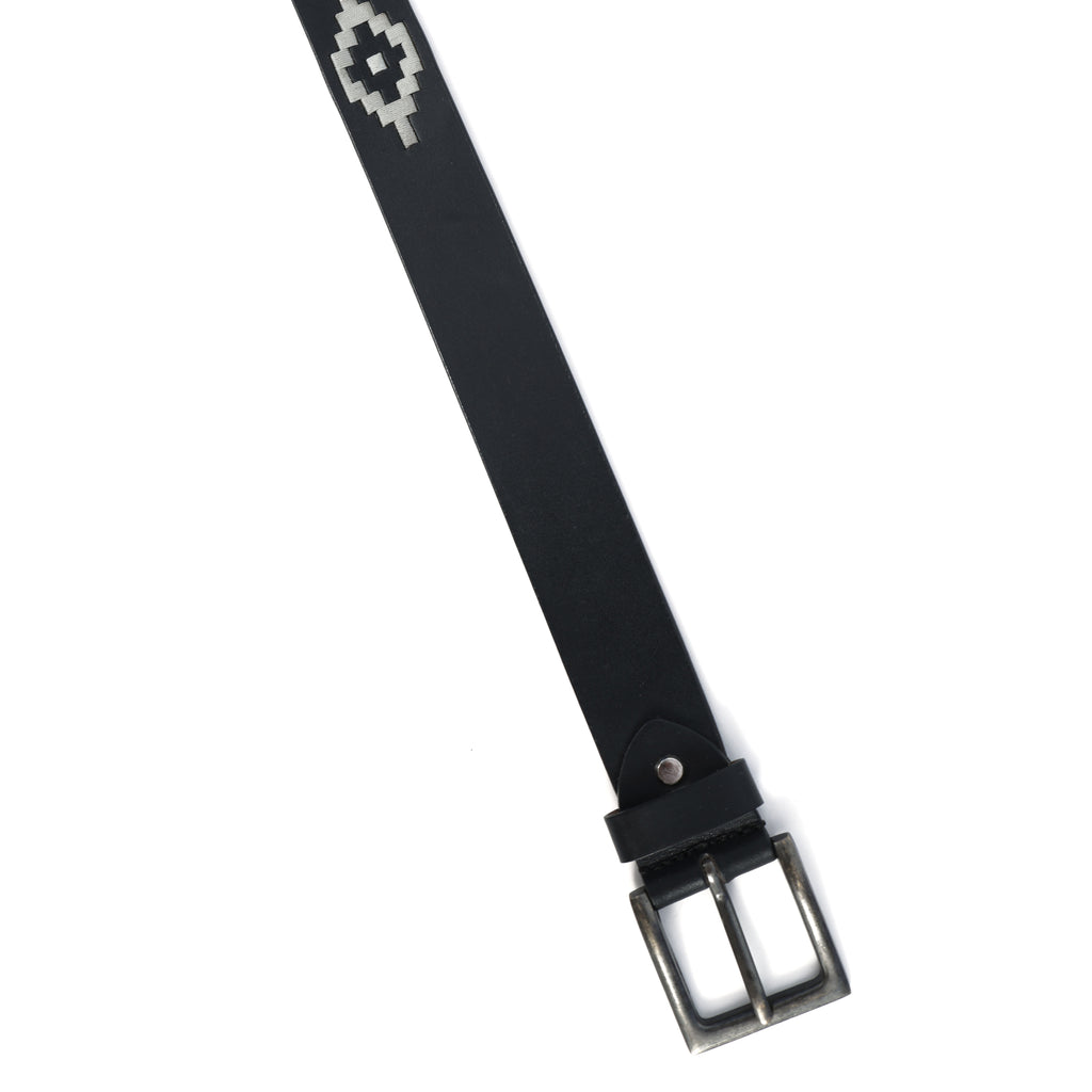 Black Polo Leather Belt with Cream Stitching & Antique Buckle