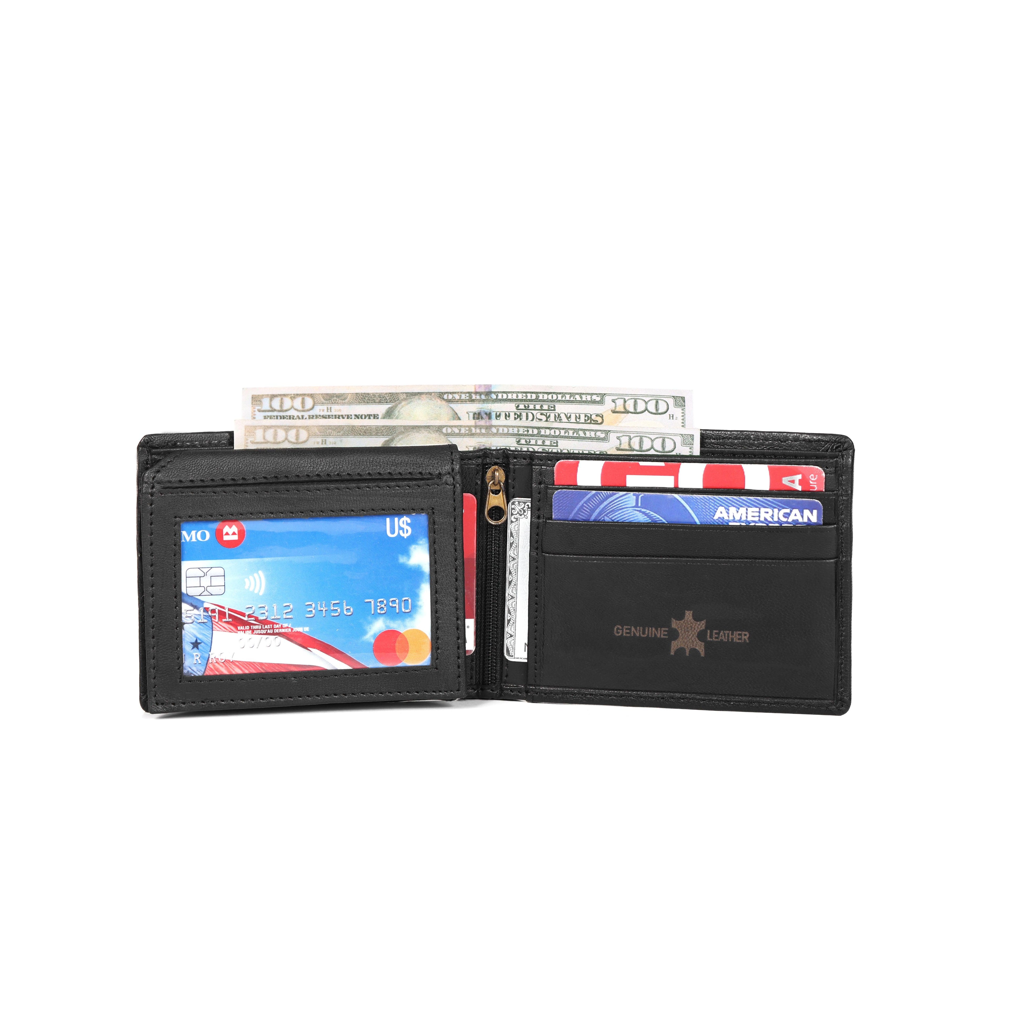 Black Leather Wallet with Transparent ID Card Slot