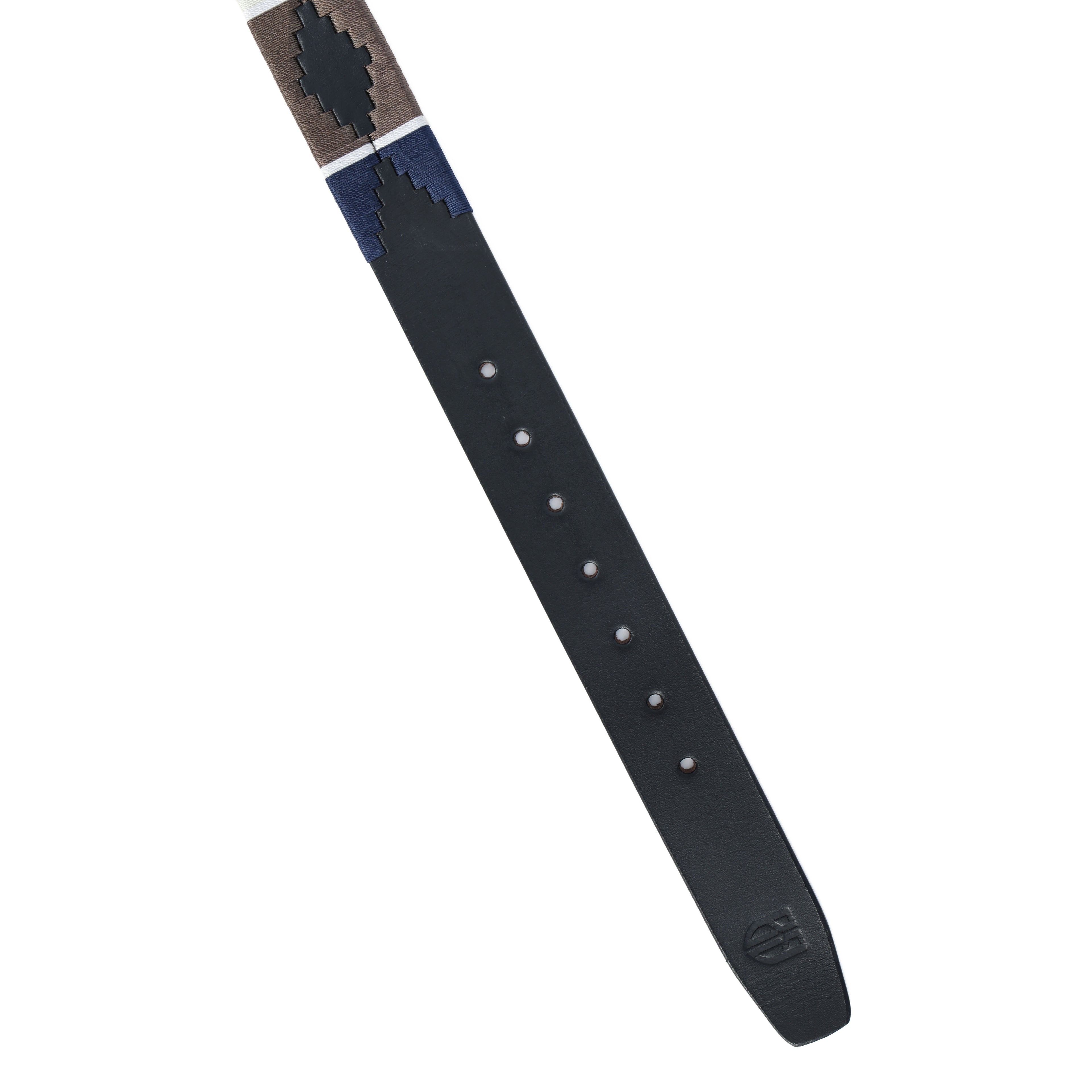 Black Polo Leather Belt with Blue, Cream, and Brown Stitching & Antique Buckle