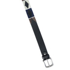 Black Polo Leather Belt with Brown, Cream, and Blue Stitching & Silver Buckle