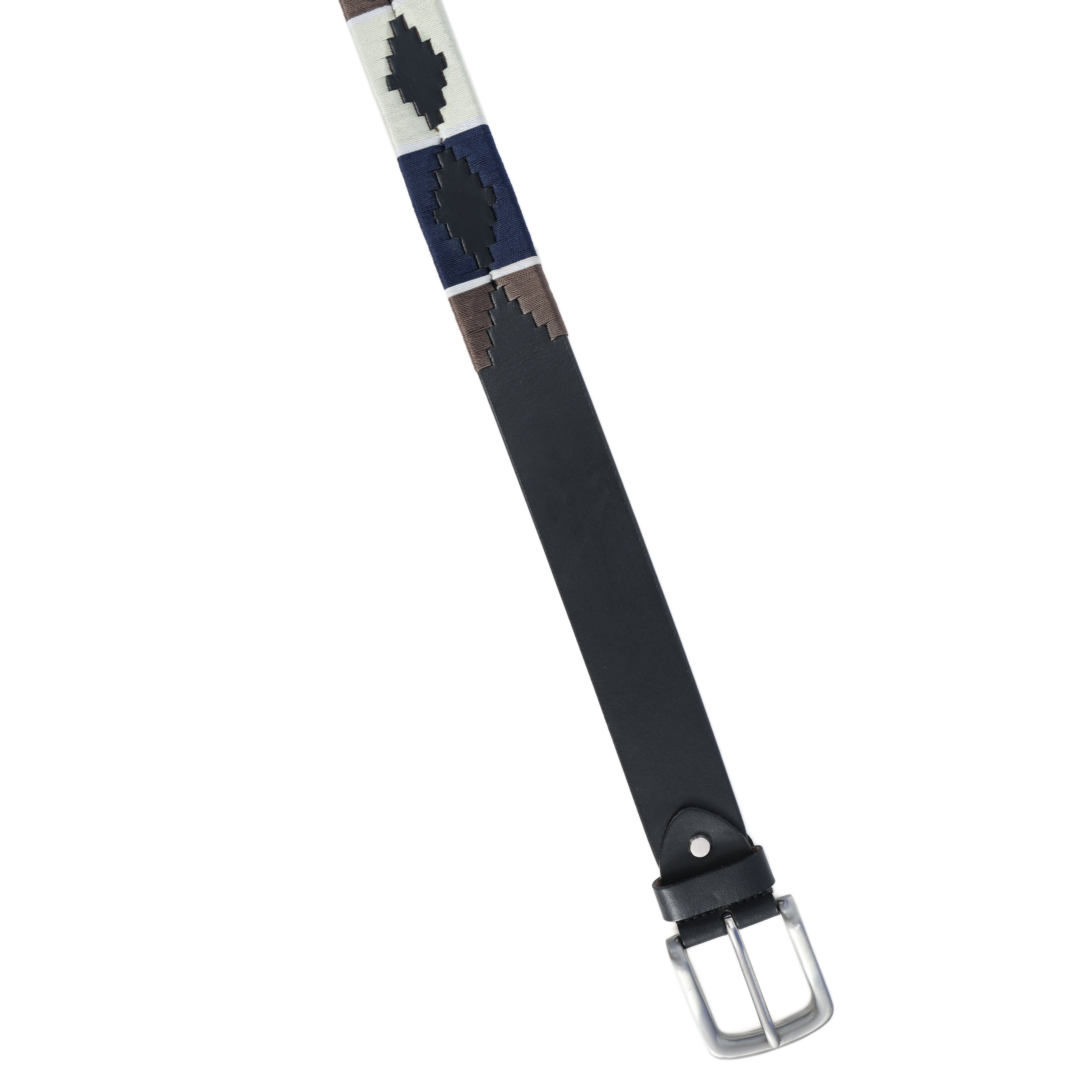 Black Polo Leather Belt with Brown, Cream, and Blue Stitching & Silver Buckle