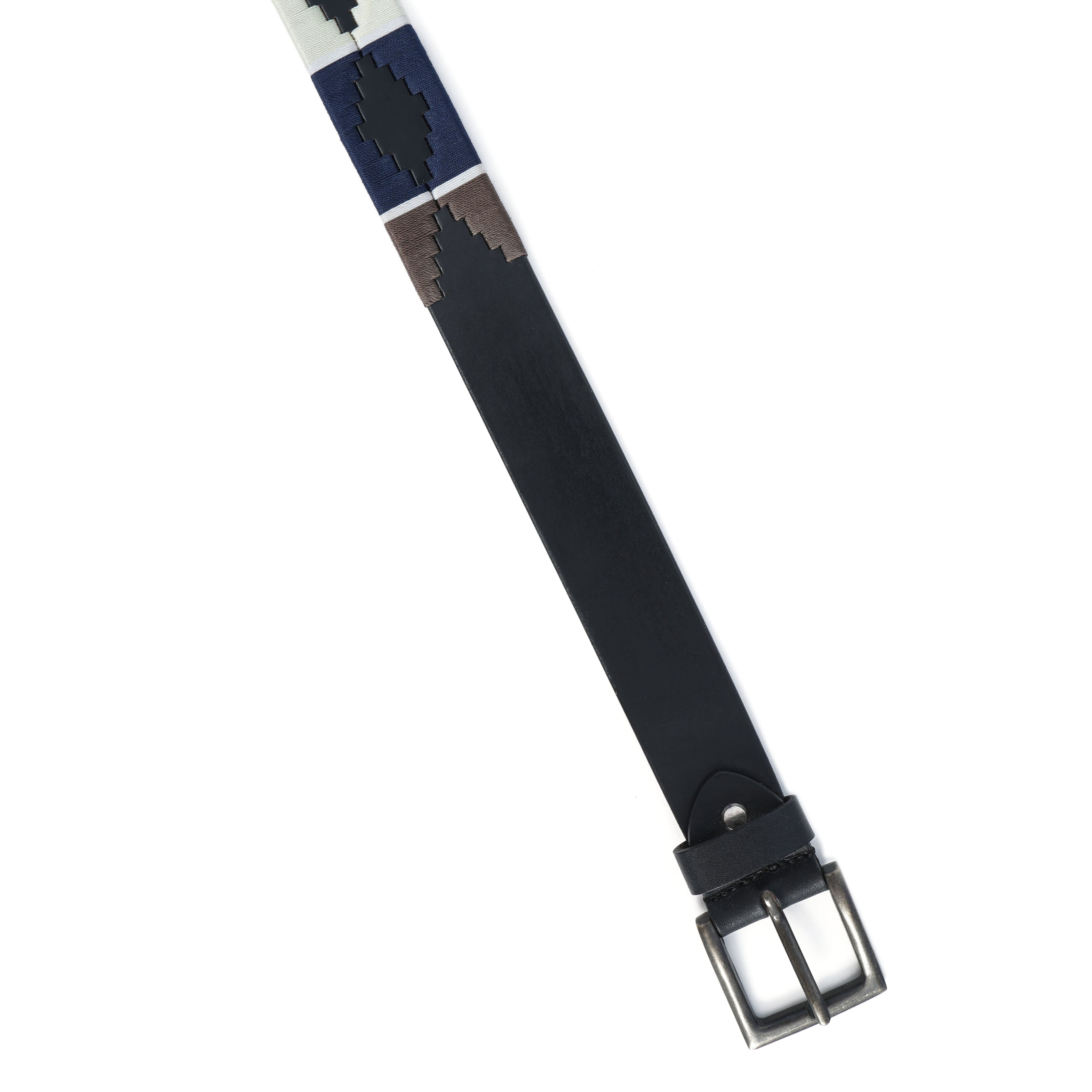 Black Polo Leather Belt with Blue, Cream, and Brown Stitching & Antique Buckle