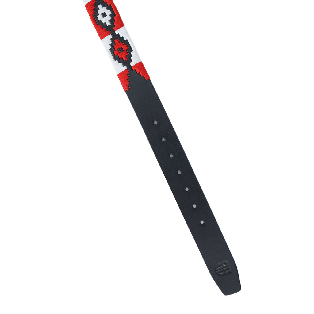 Black Polo Leather Belt with Red and White Stitching & Silver Buckle