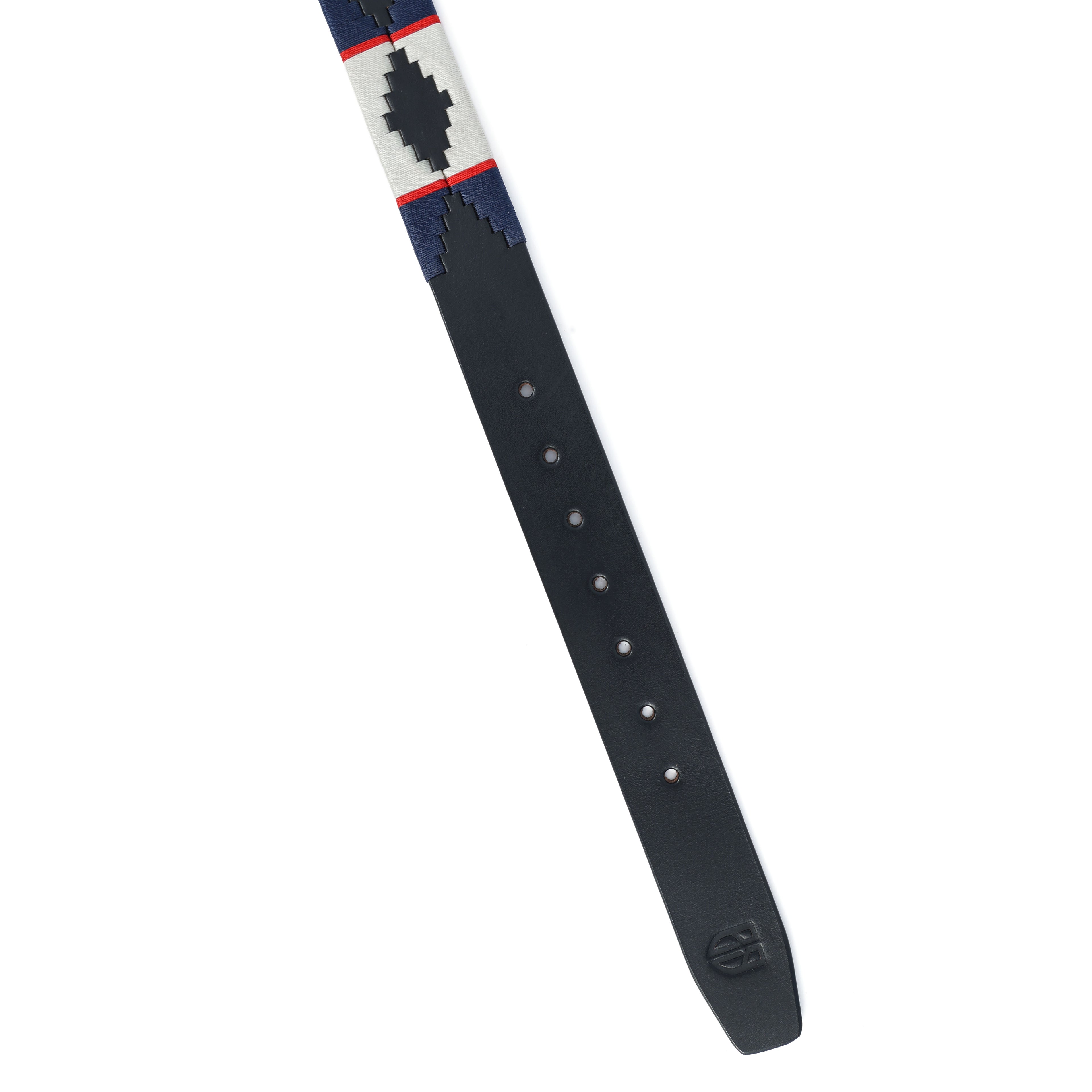 Black Polo Leather Belt with Cream, Blue, and Red Stitching & Antique Buckle
