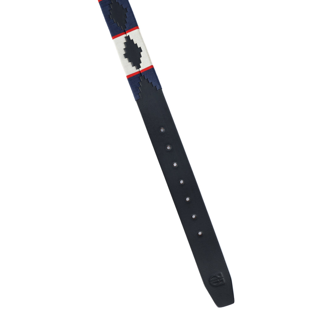 Black Polo Leather Belt with Blue, Red, and Cream Stitching & Silver Buckle