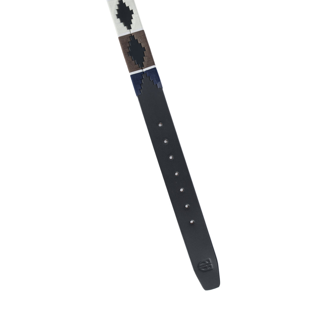 Black Polo Leather Belt with Brown, Cream, and Blue Stitching & Silver Buckle
