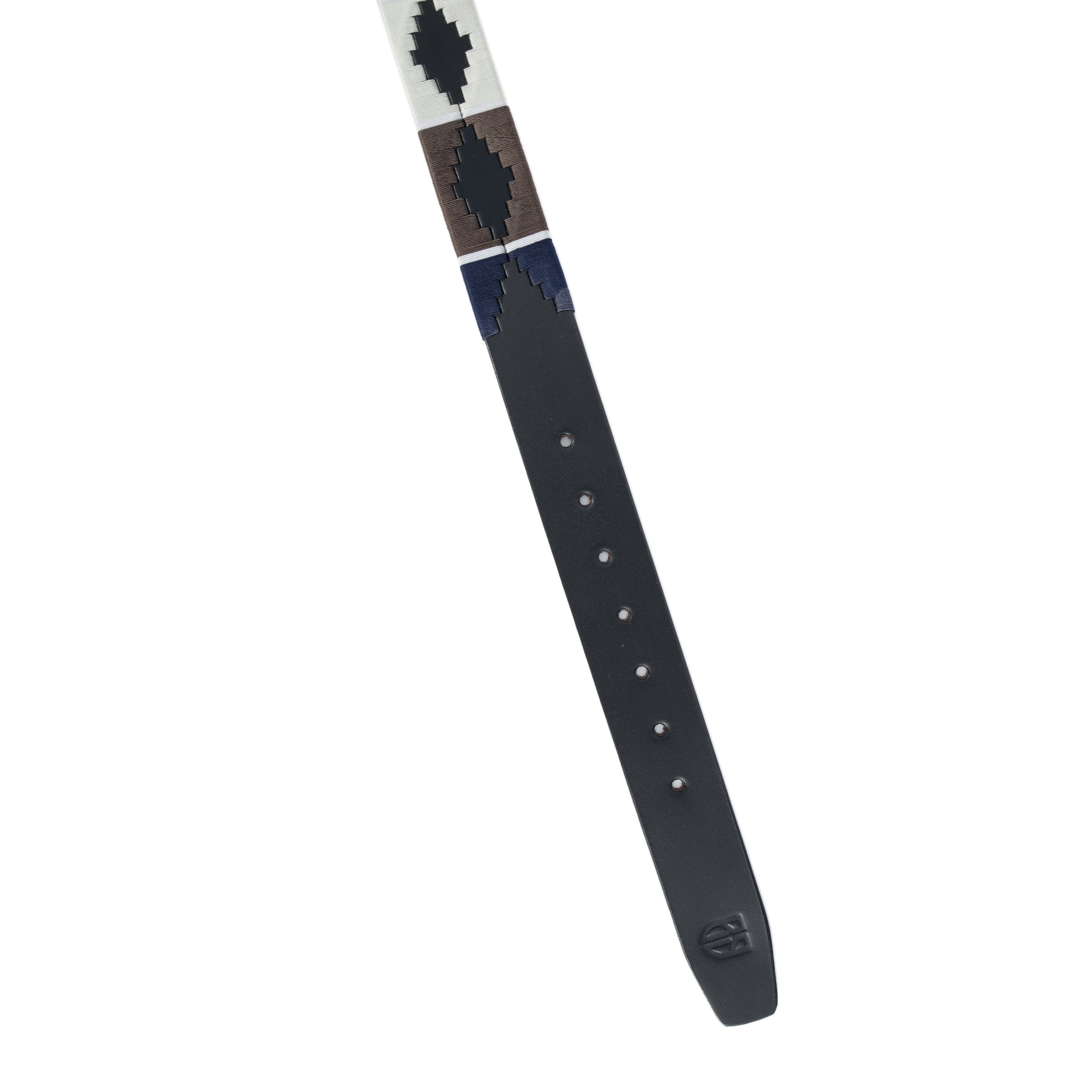 Black Polo Leather Belt with Brown, Cream, and Blue Stitching & Silver Buckle
