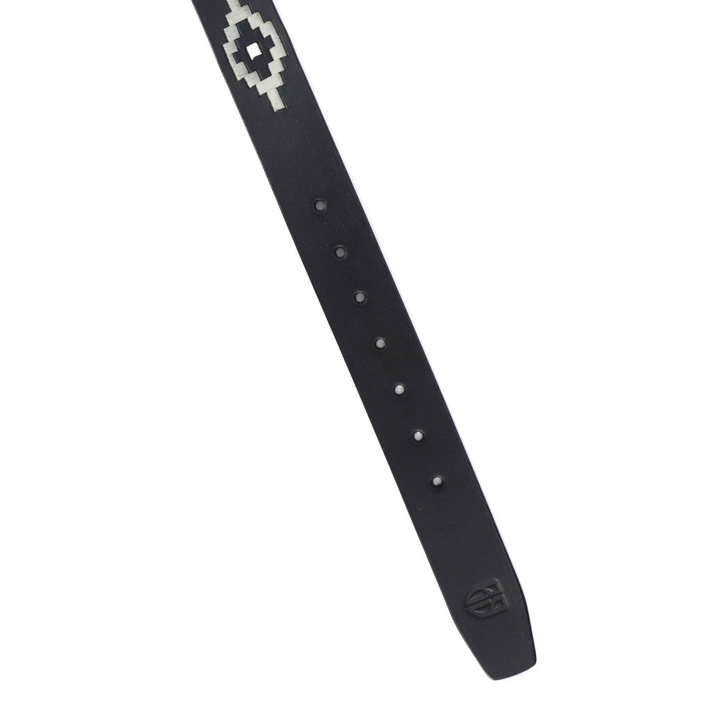 Black Polo Leather Belt with Cream Stitching & Antique Buckle