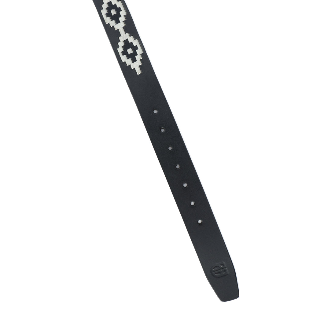 Black Polo Leather Belt with Cream Stitching & Silver Buckle