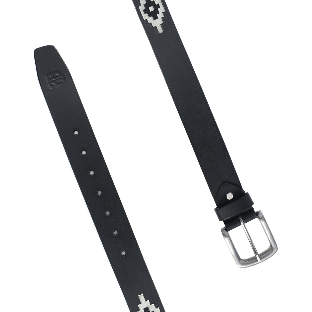 Black Polo Leather Belt with Cream Stitching & Silver Buckle