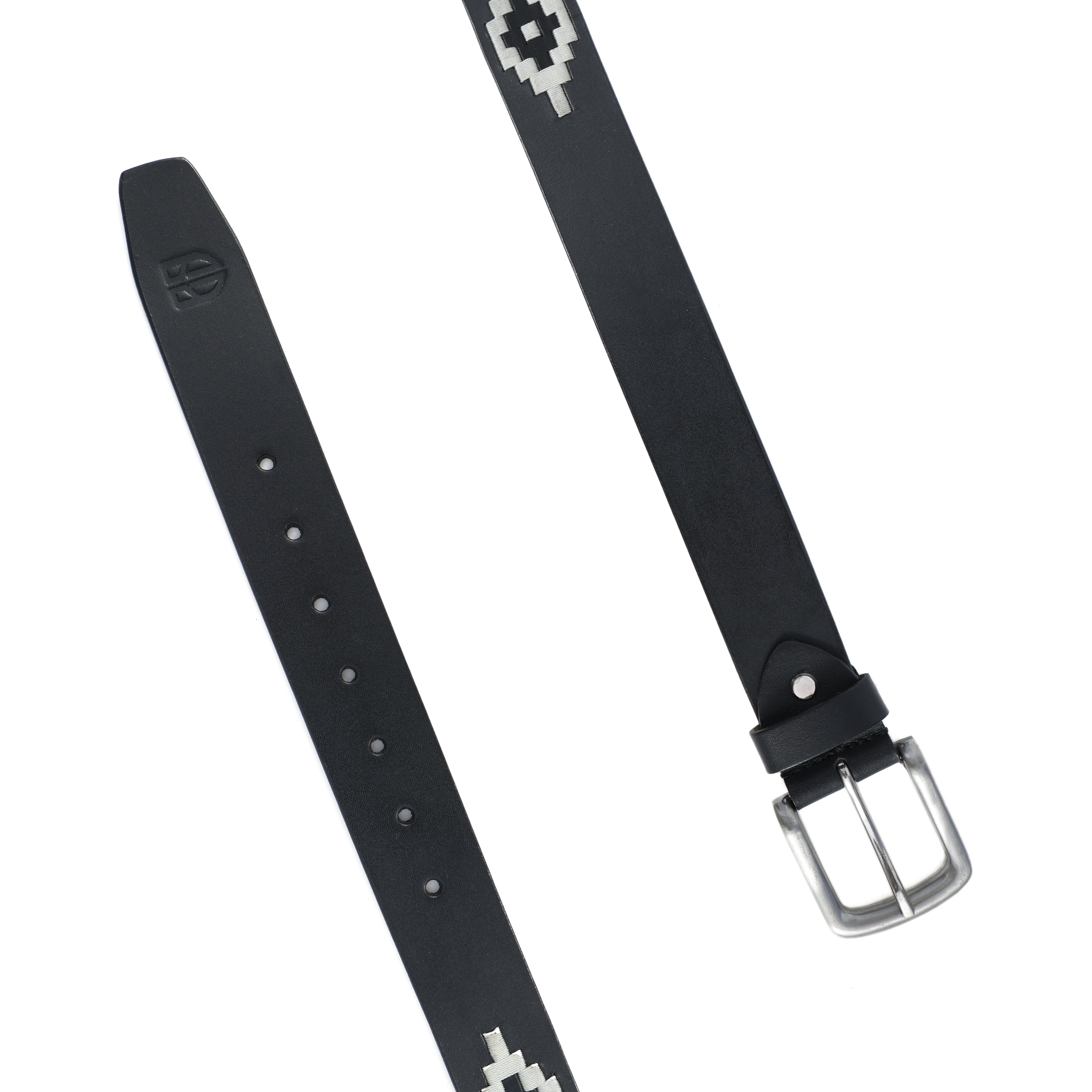 Black Polo Leather Belt with Cream Stitching & Silver Buckle