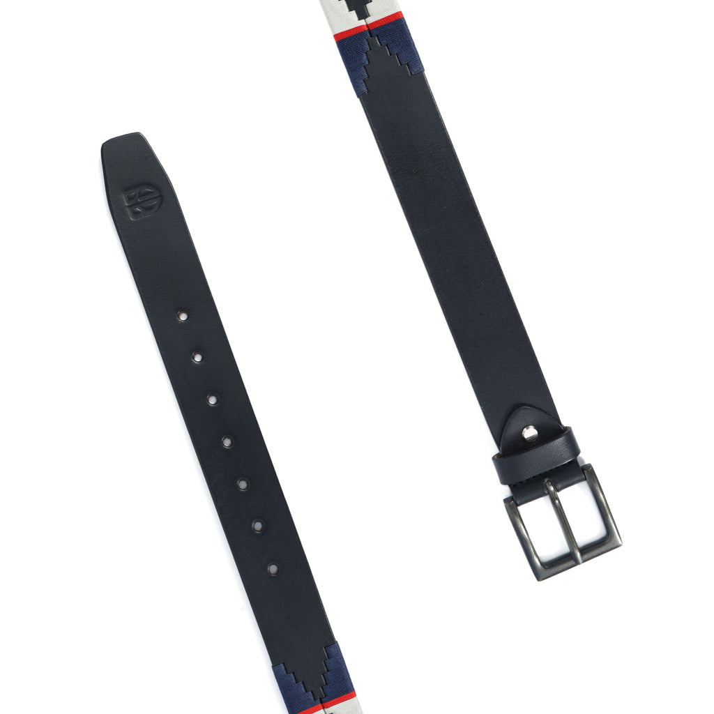 Black Polo Leather Belt with Cream, Blue, and Red Stitching & Antique Buckle