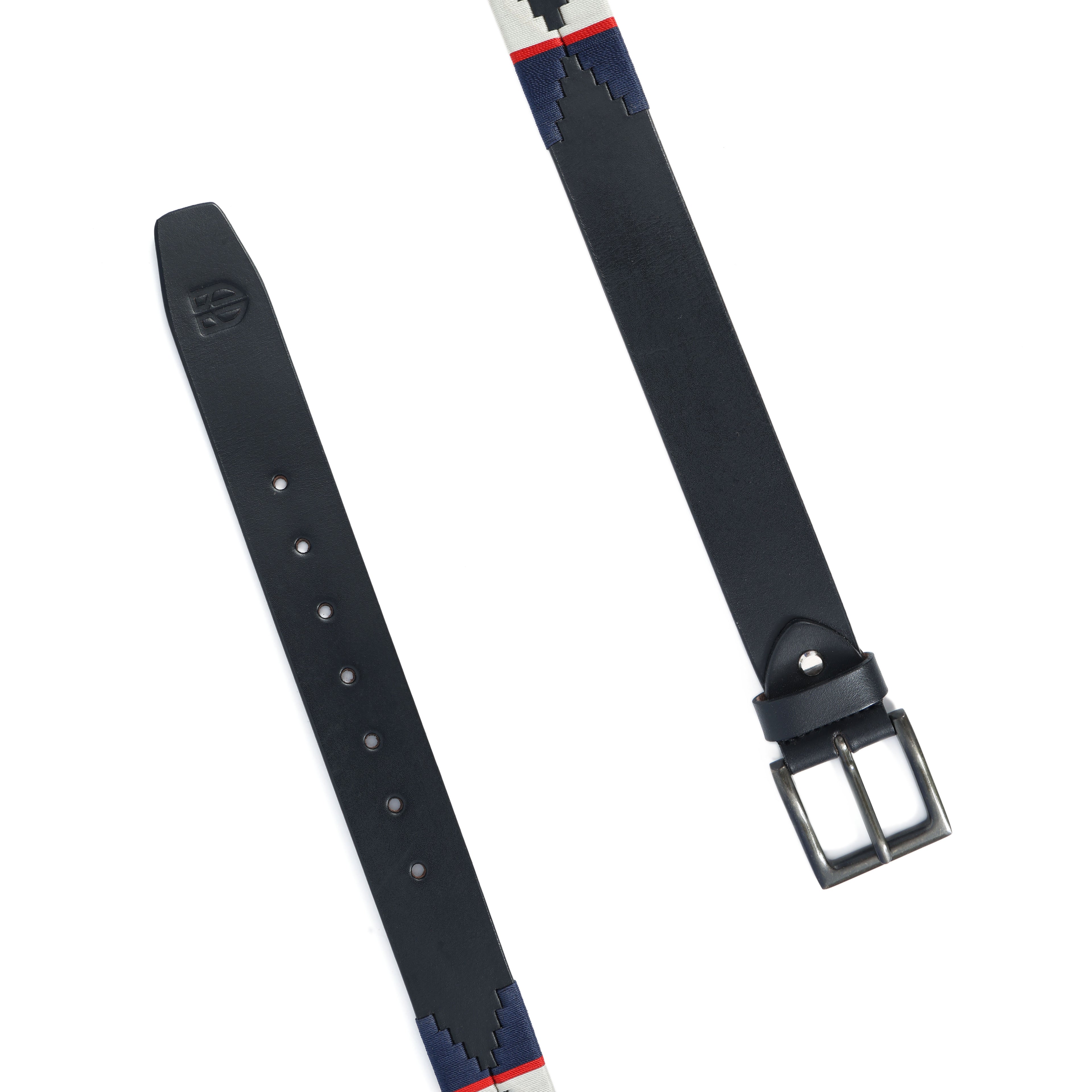 Black Polo Leather Belt with Cream, Blue, and Red Stitching & Antique Buckle