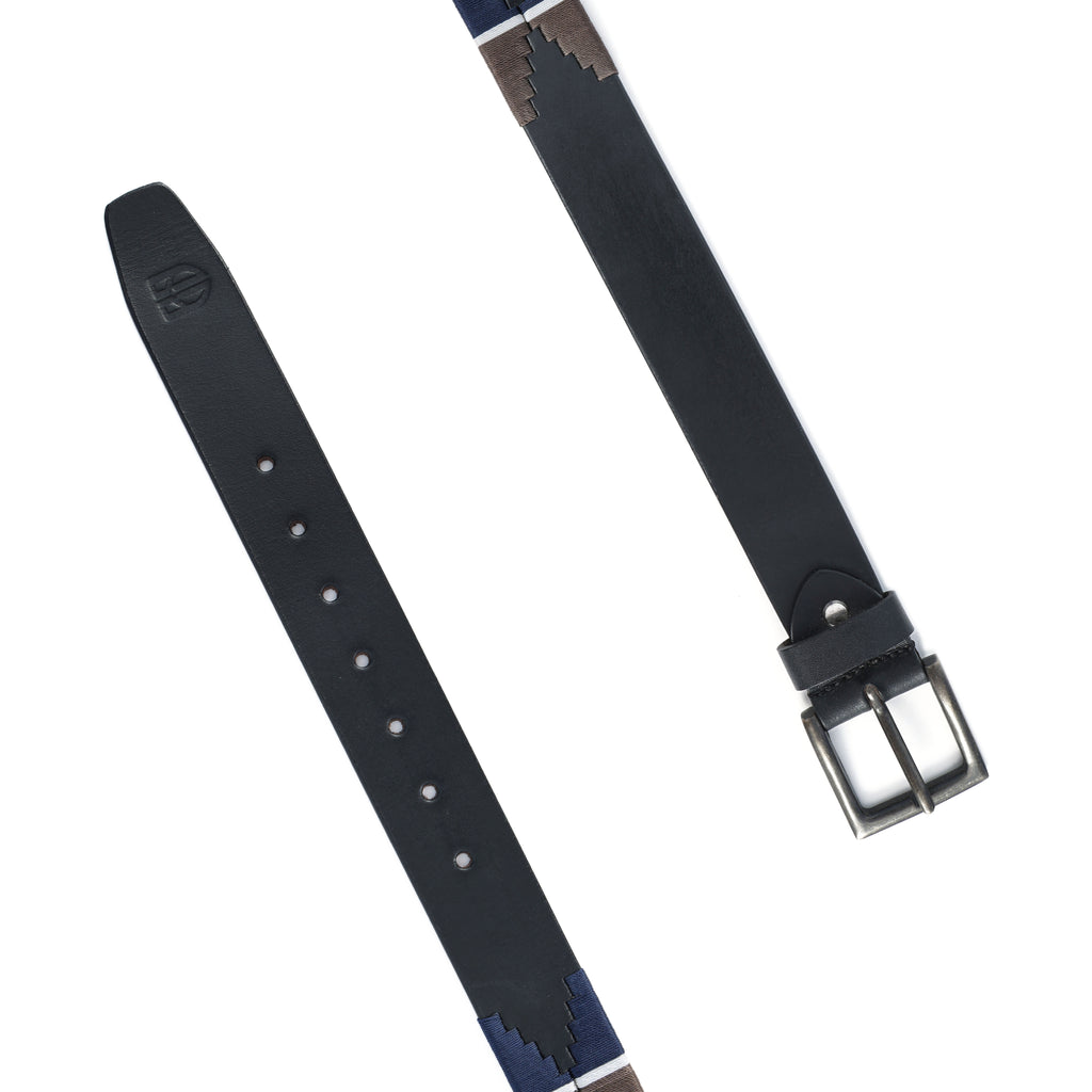 Black Polo Leather Belt with Blue, Cream, and Brown Stitching & Antique Buckle