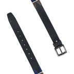 Black Polo Leather Belt with Blue, Cream, and Brown Stitching & Antique Buckle