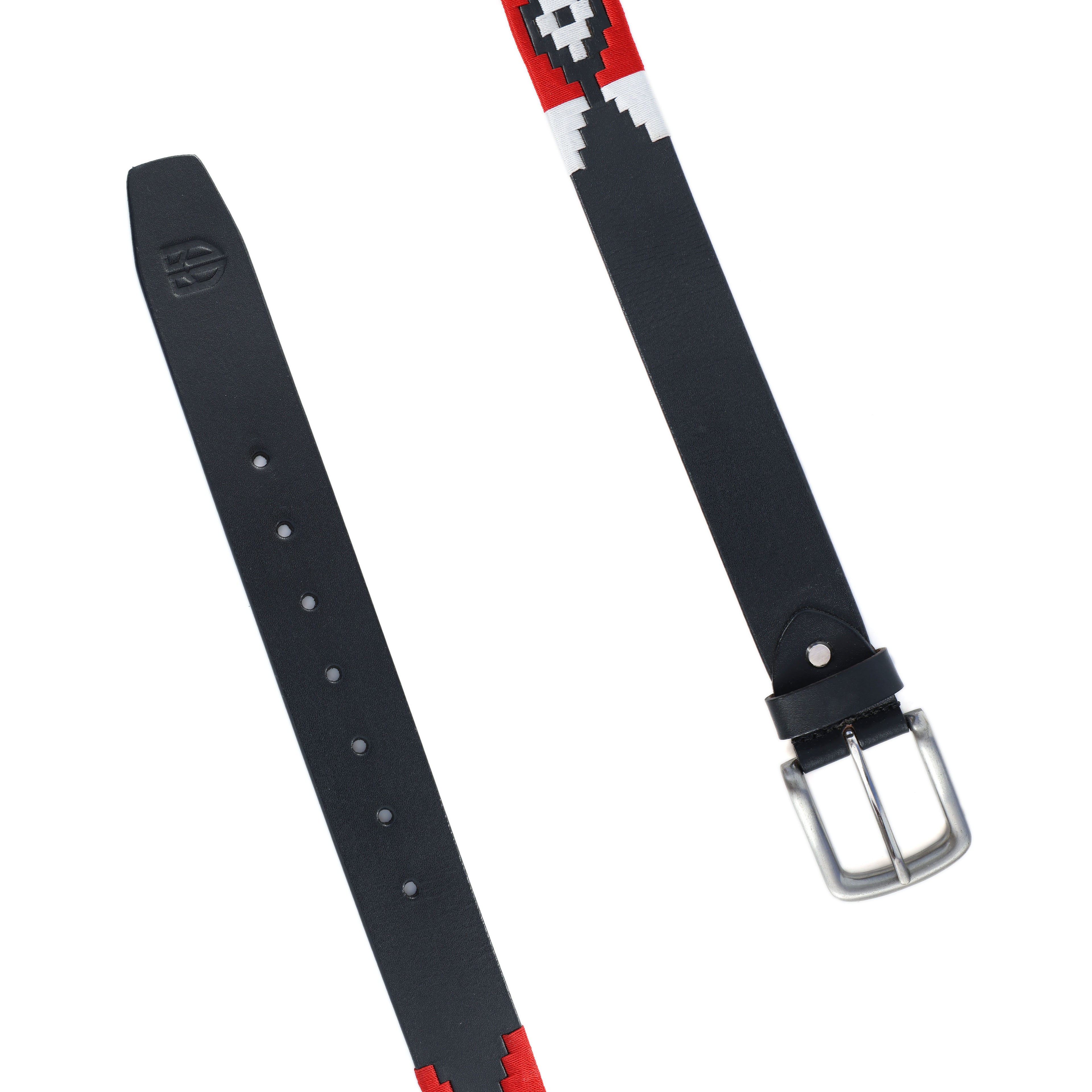 Black Polo Leather Belt with Red and White Stitching & Silver Buckle