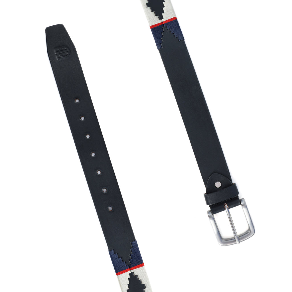Black Polo Leather Belt with Blue, Red, and Cream Stitching & Silver Buckle