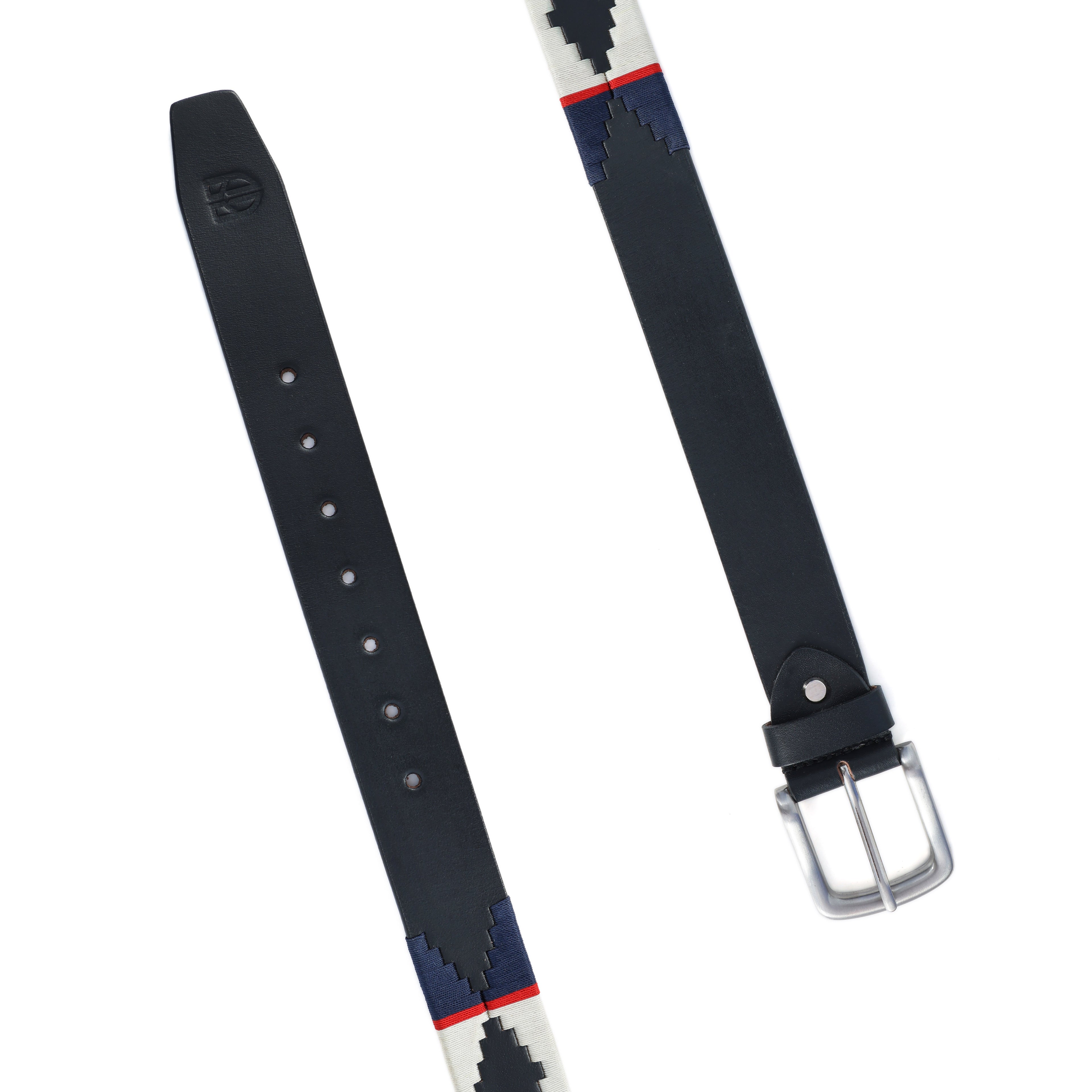 Black Polo Leather Belt with Blue, Red, and Cream Stitching & Silver Buckle