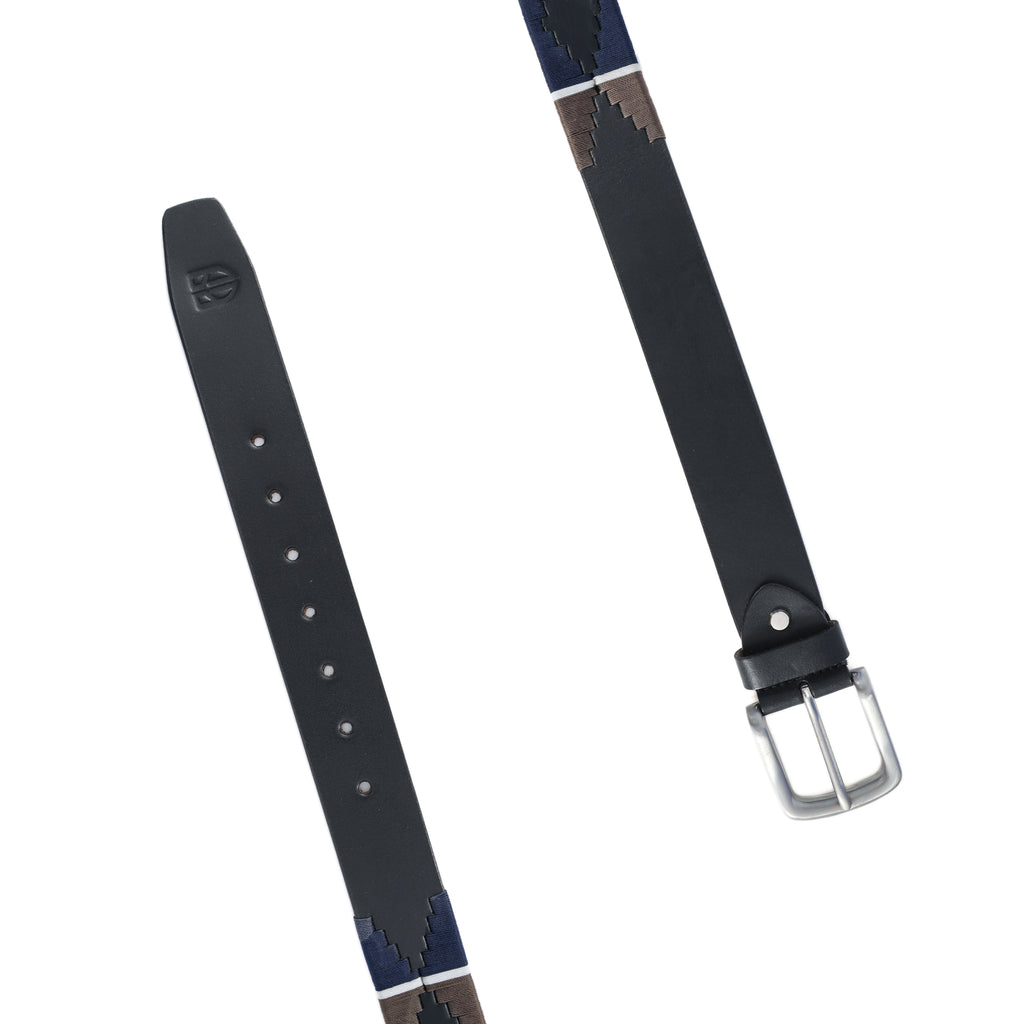 Black Polo Leather Belt with Brown, Cream, and Blue Stitching & Silver Buckle