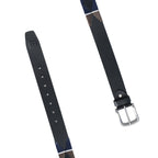 Black Polo Leather Belt with Brown, Cream, and Blue Stitching & Silver Buckle