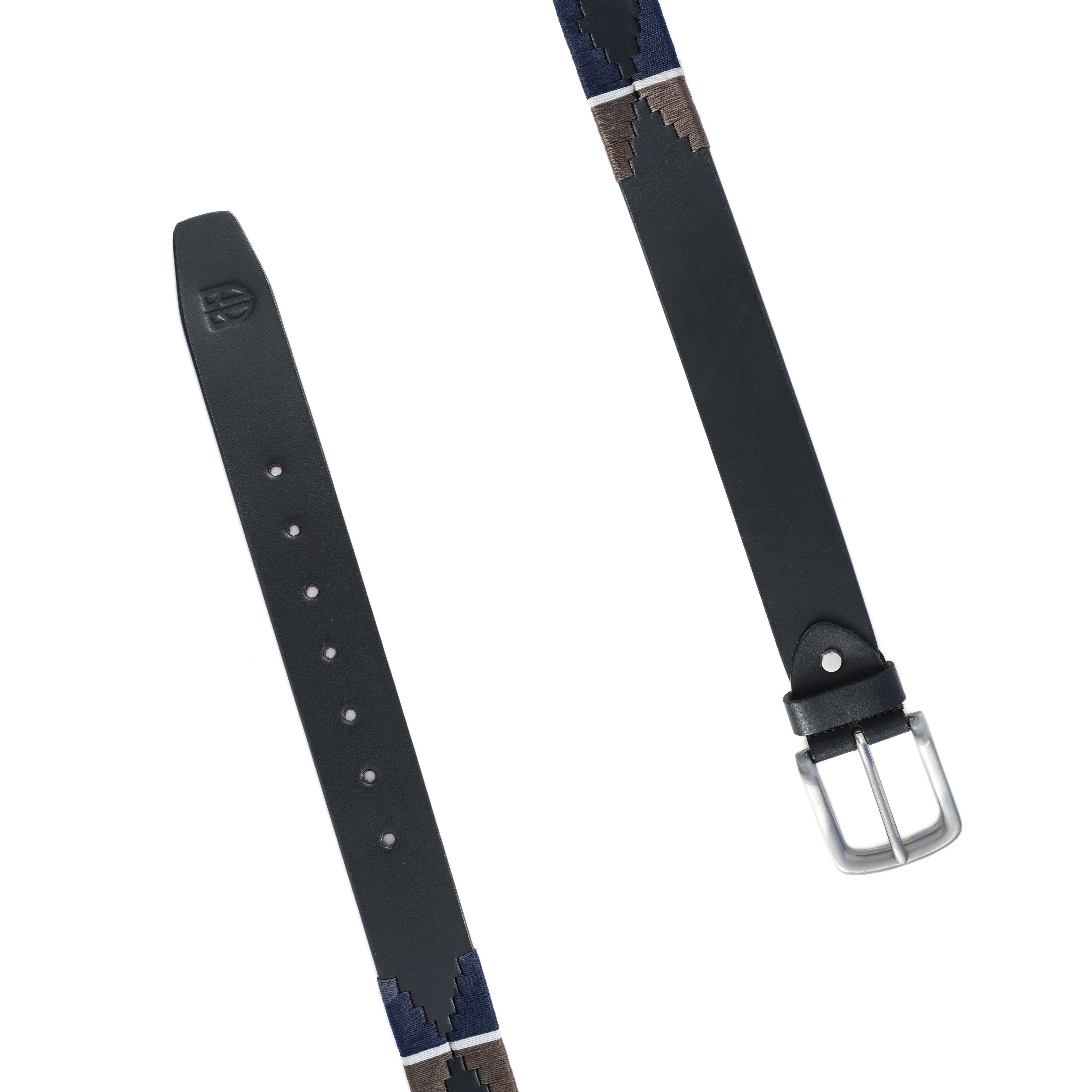 Black Polo Leather Belt with Brown, Cream, and Blue Stitching & Silver Buckle