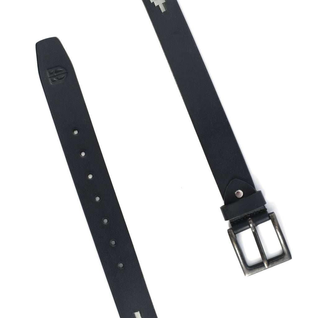 Black Polo Leather Belt with Cream Stitching & Antique Buckle