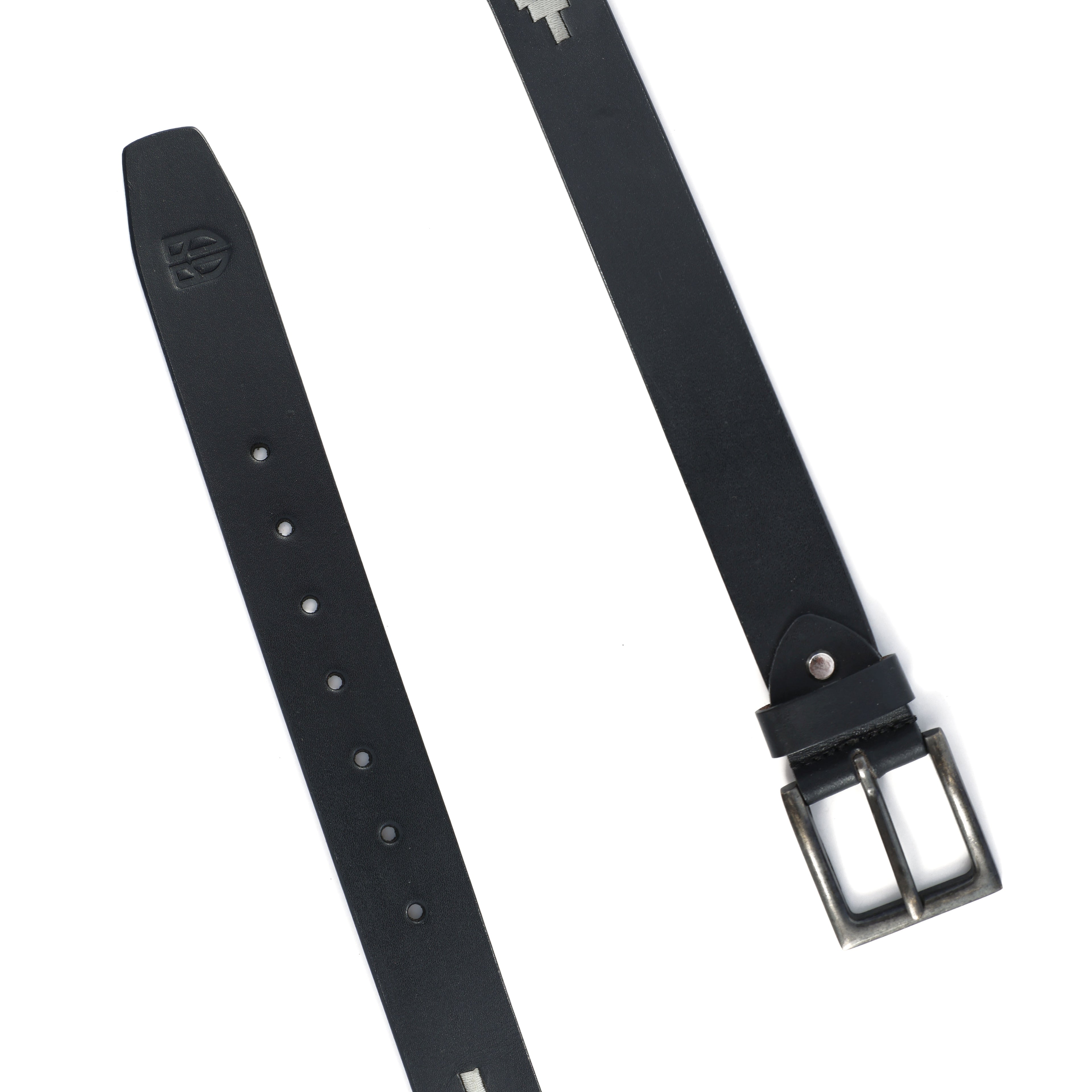 Black Polo Leather Belt with Cream Stitching & Antique Buckle