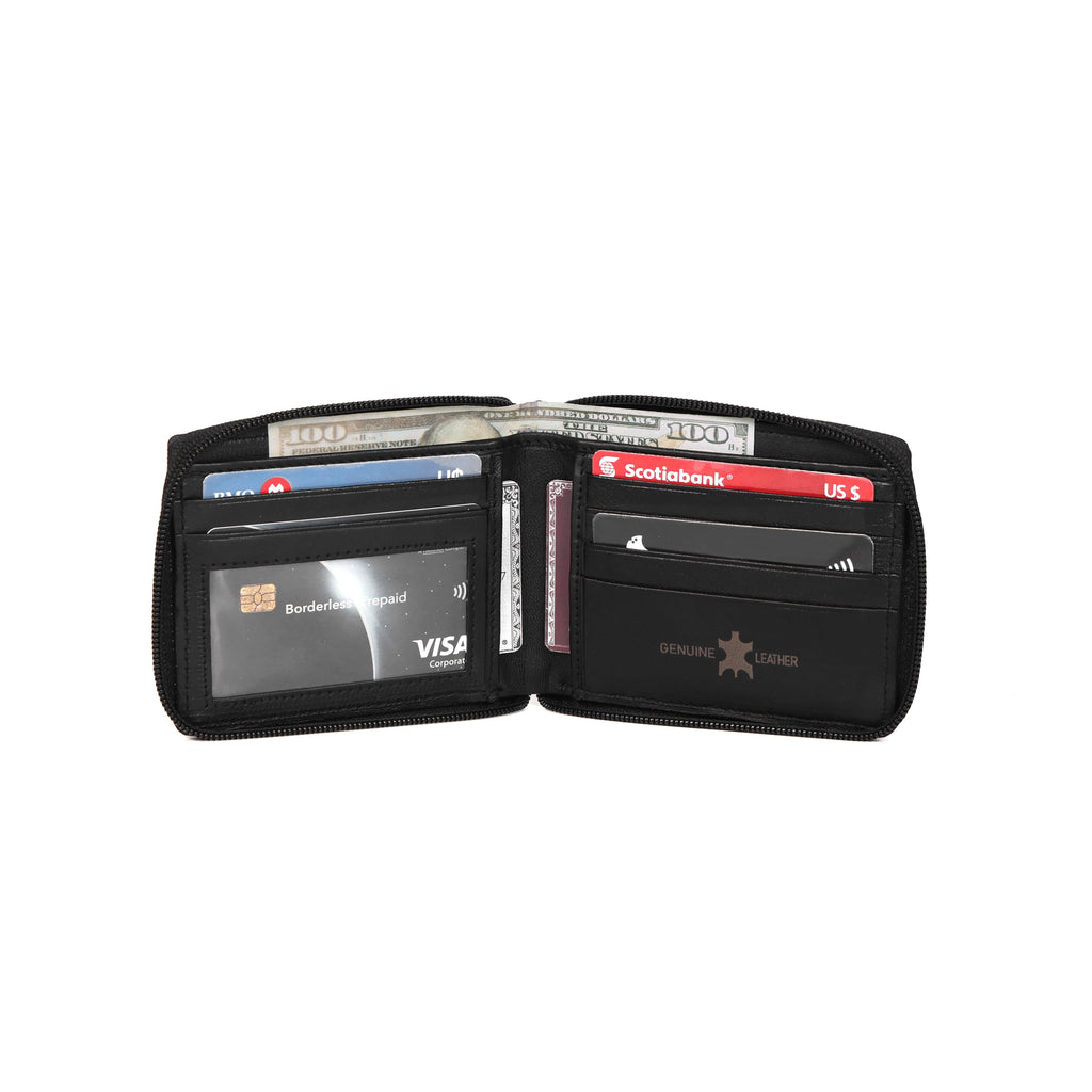 Black Leather Wallet with Zip Closure for Men