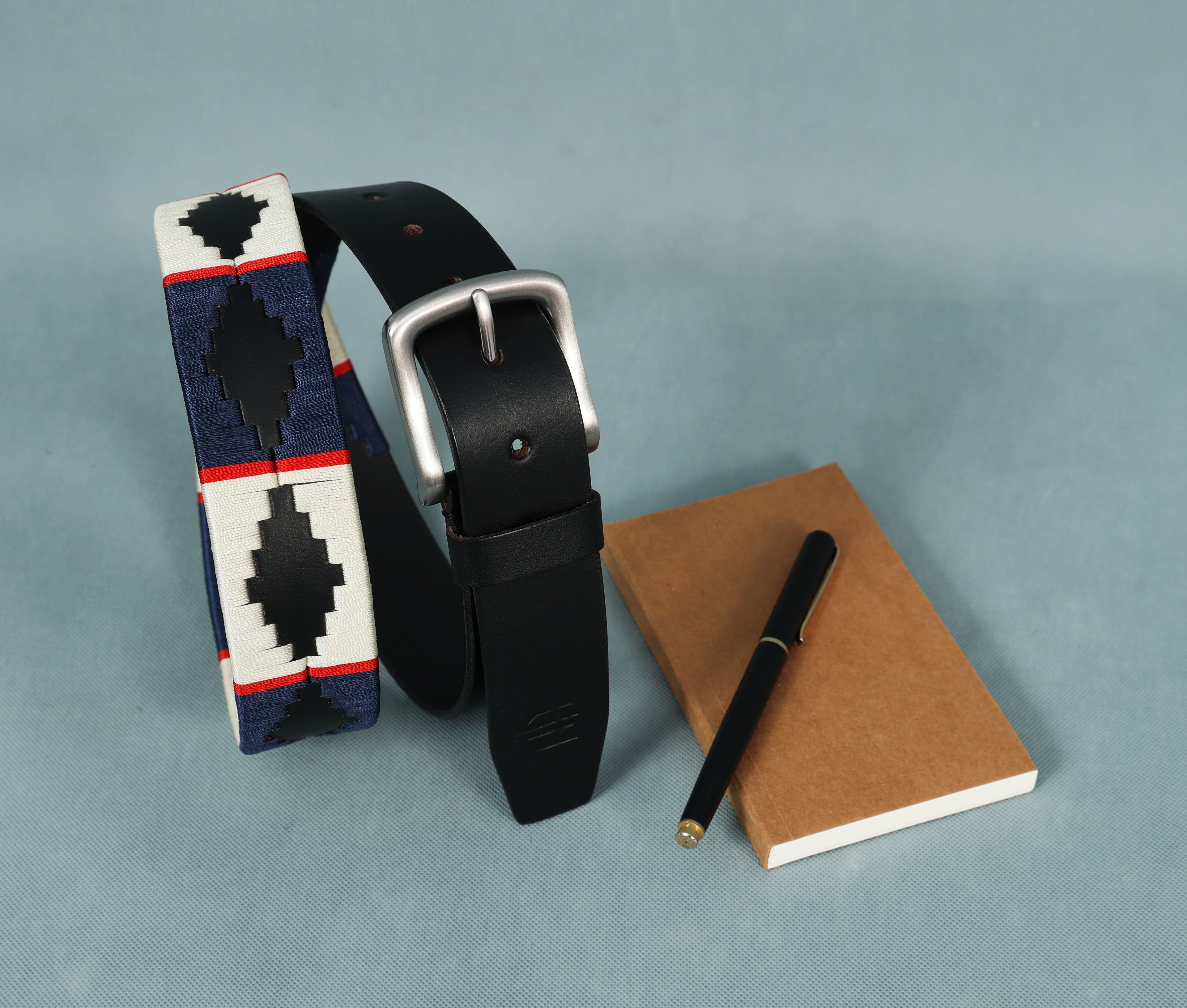 Black Polo Leather Belt with Blue, Red, and Cream Stitching & Silver Buckle