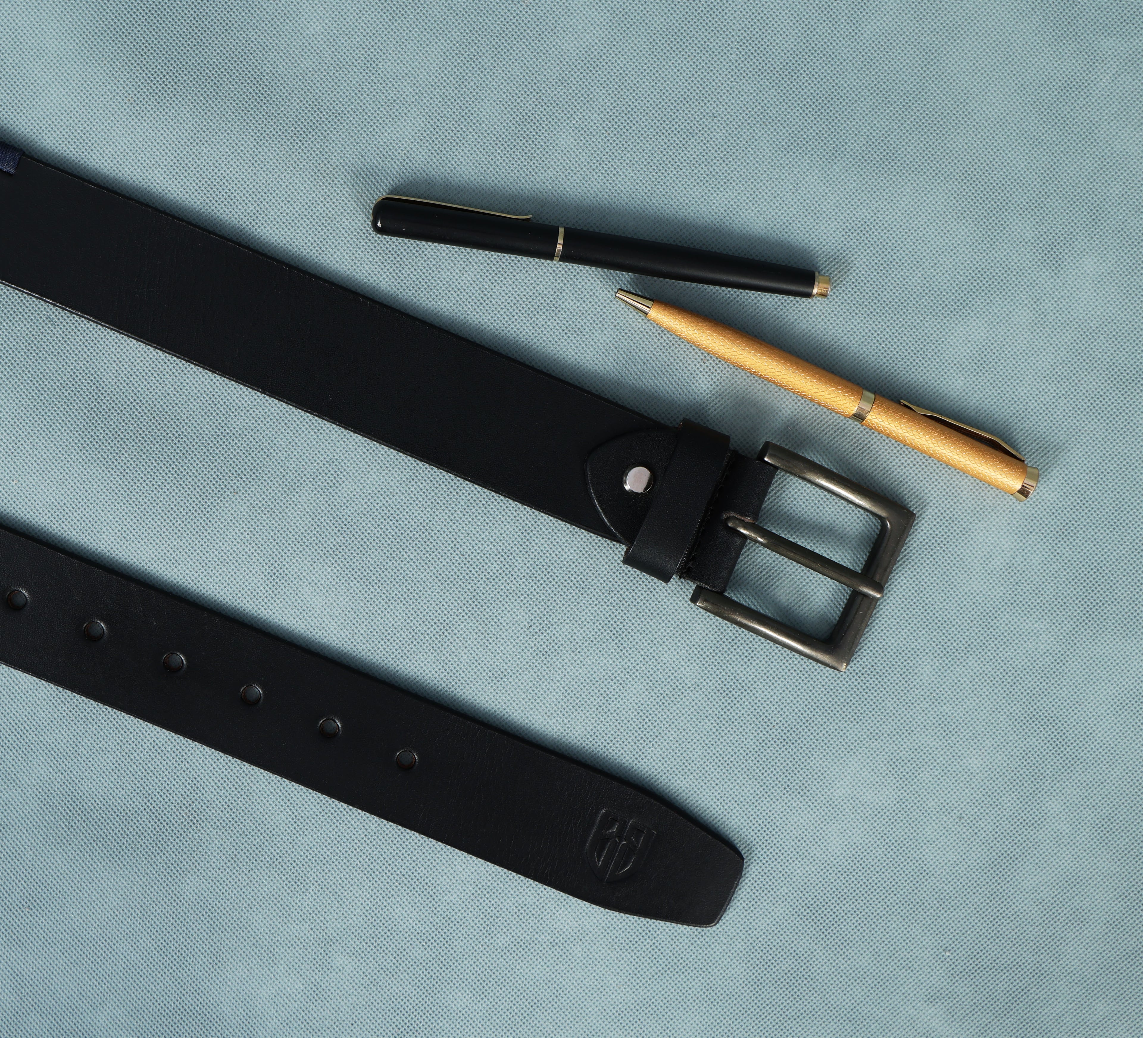 Black Polo Leather Belt with Cream, Blue, and Red Stitching & Antique Buckle