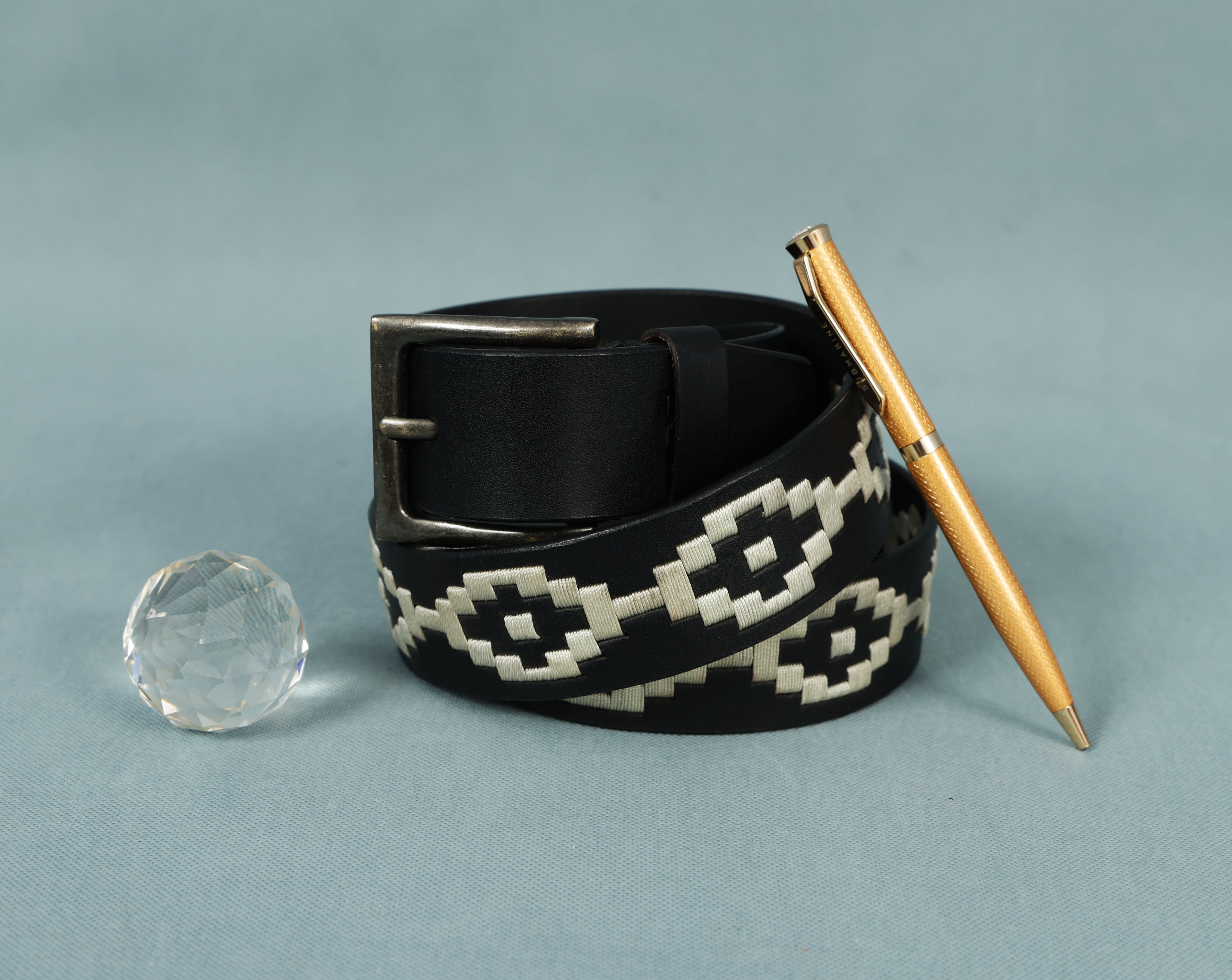 Black Polo Leather Belt with Cream Stitching & Antique Buckle