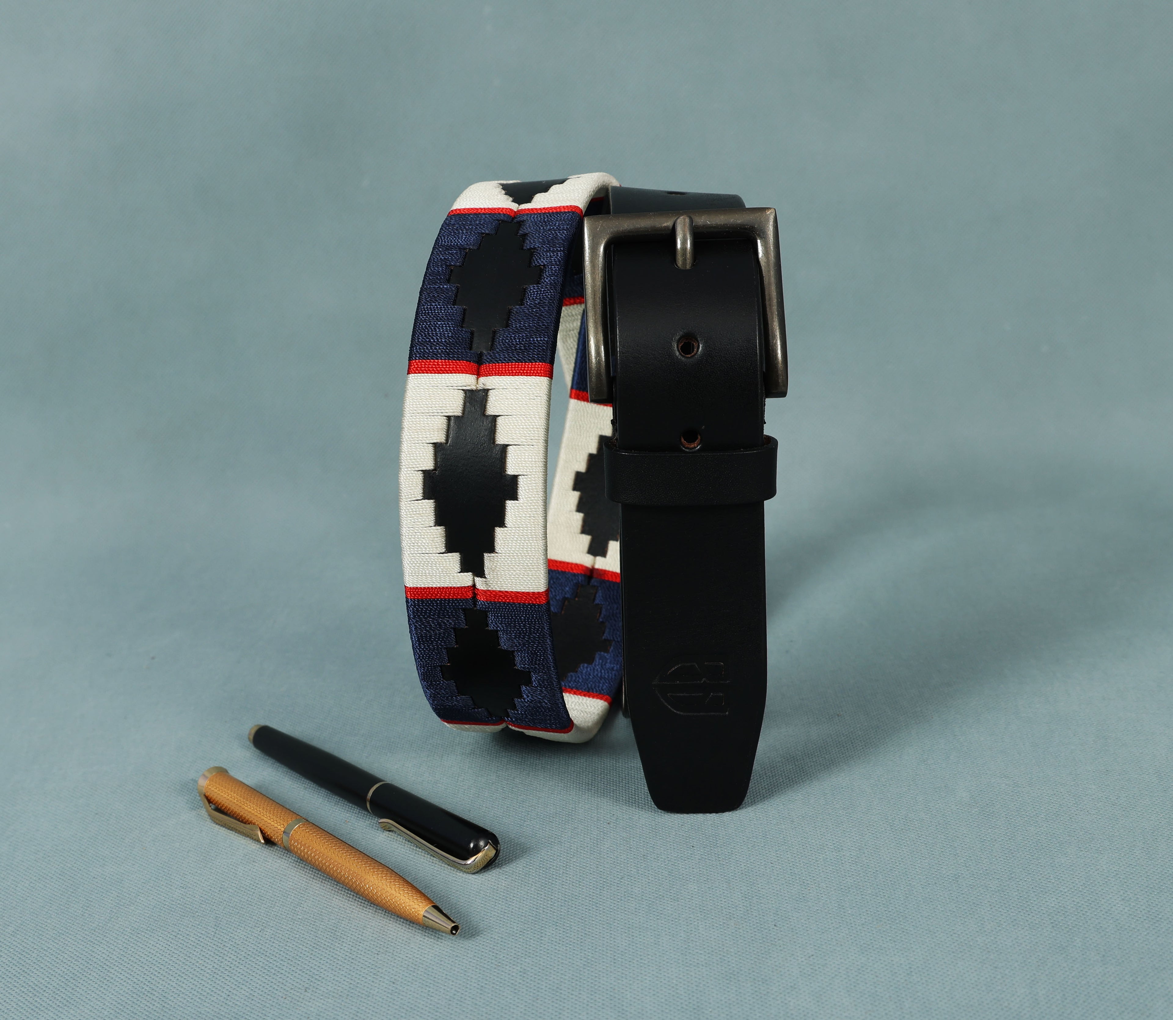 Black Polo Leather Belt with Cream, Blue, and Red Stitching & Antique Buckle