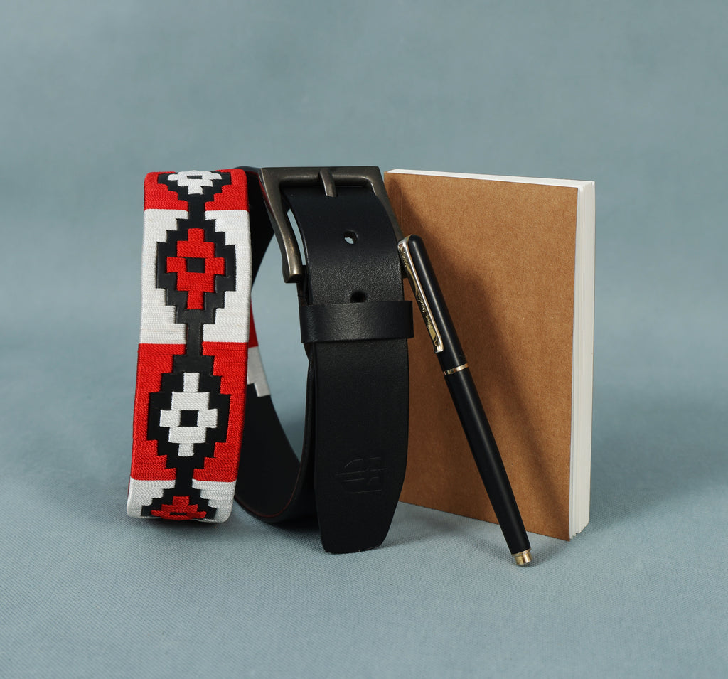 Black Polo Leather Belt with Red and White Stitching & Antique Buckle