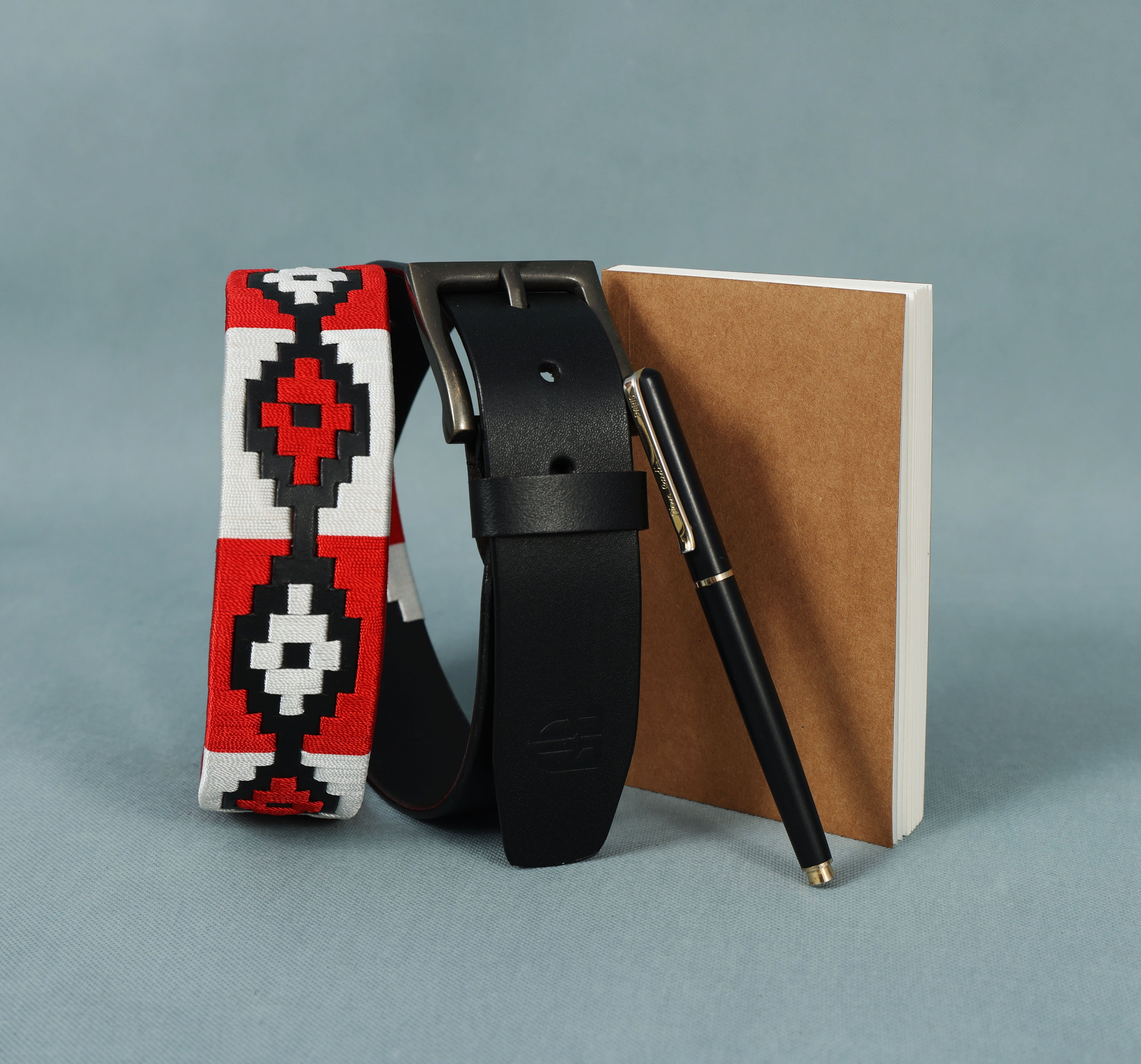 Black Polo Leather Belt with Red and White Stitching & Antique Buckle