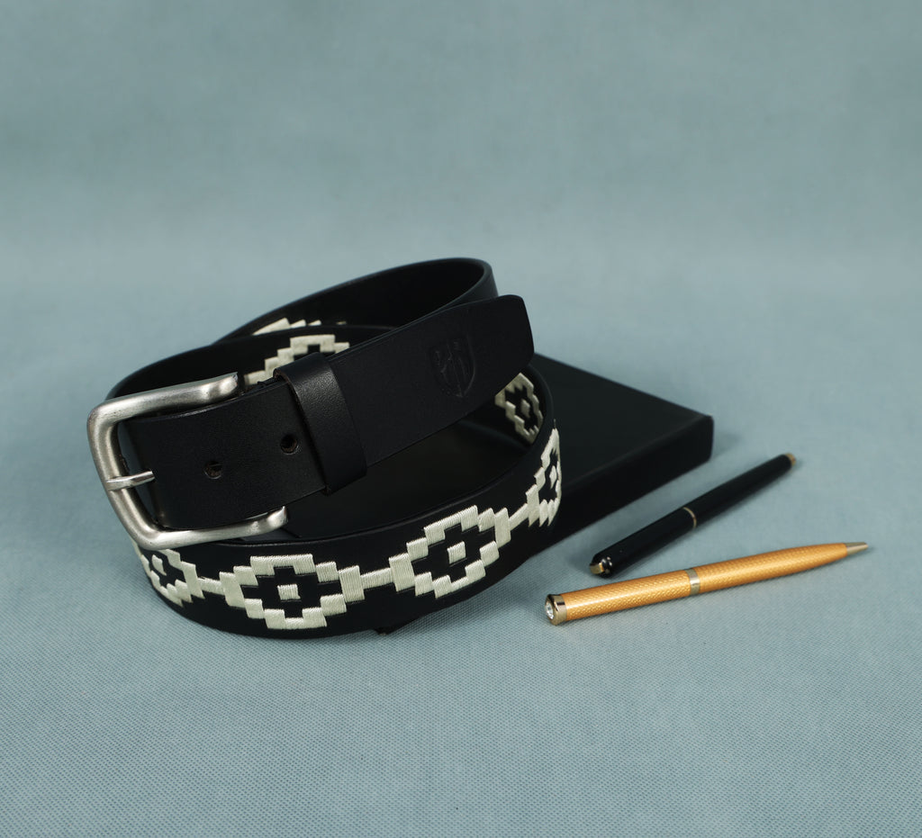 Black Polo Leather Belt with Cream Stitching & Silver Buckle