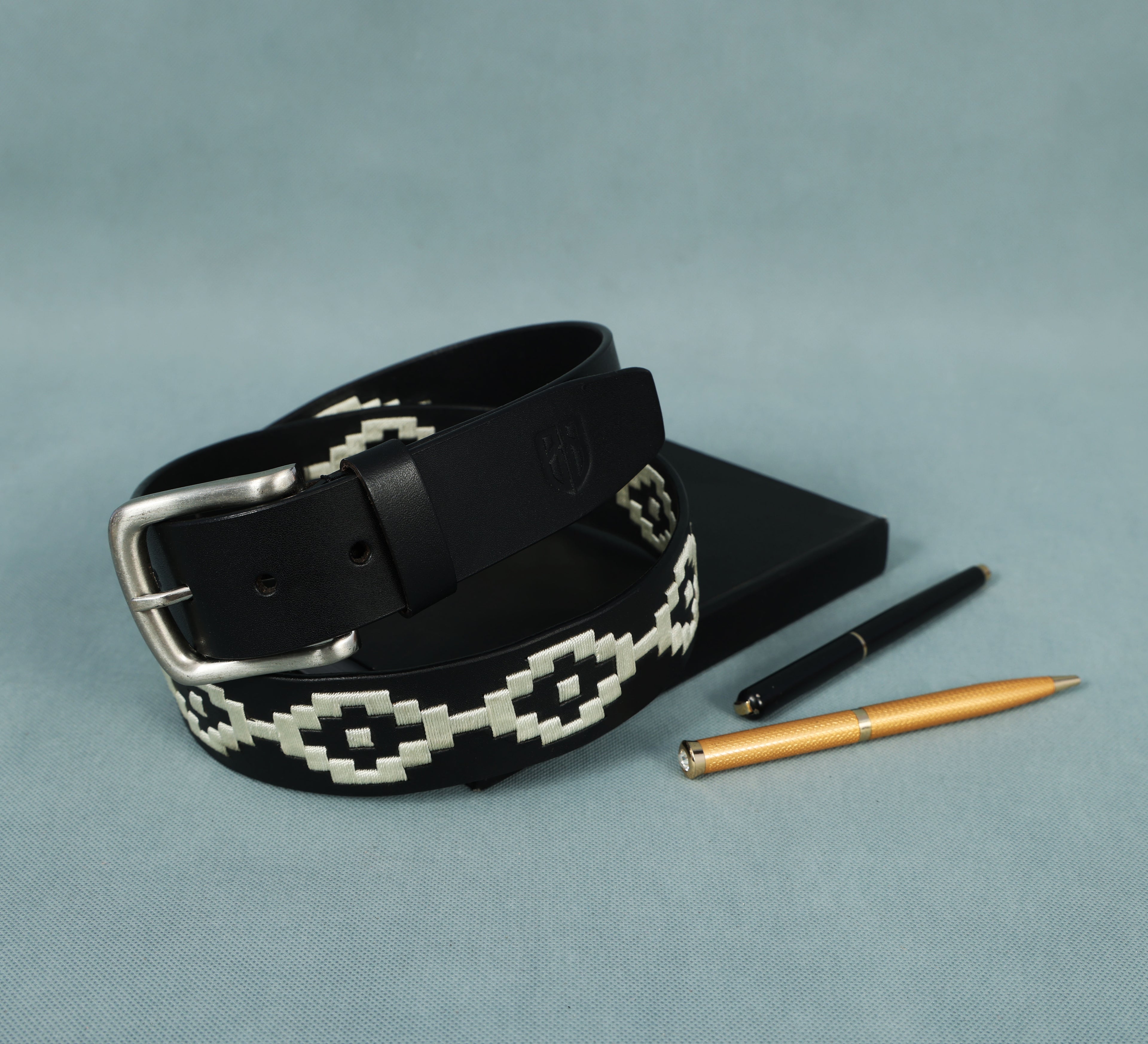 Black Polo Leather Belt with Cream Stitching & Silver Buckle