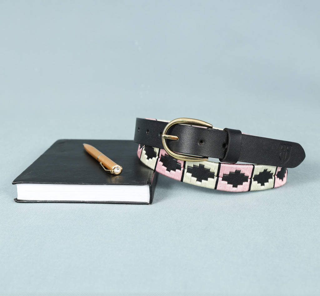 Celeste (Ladies’ Polo Belt with Golden Buckle – Argentinian Handcrafted Leather with Traditional Embroidered Patterns)