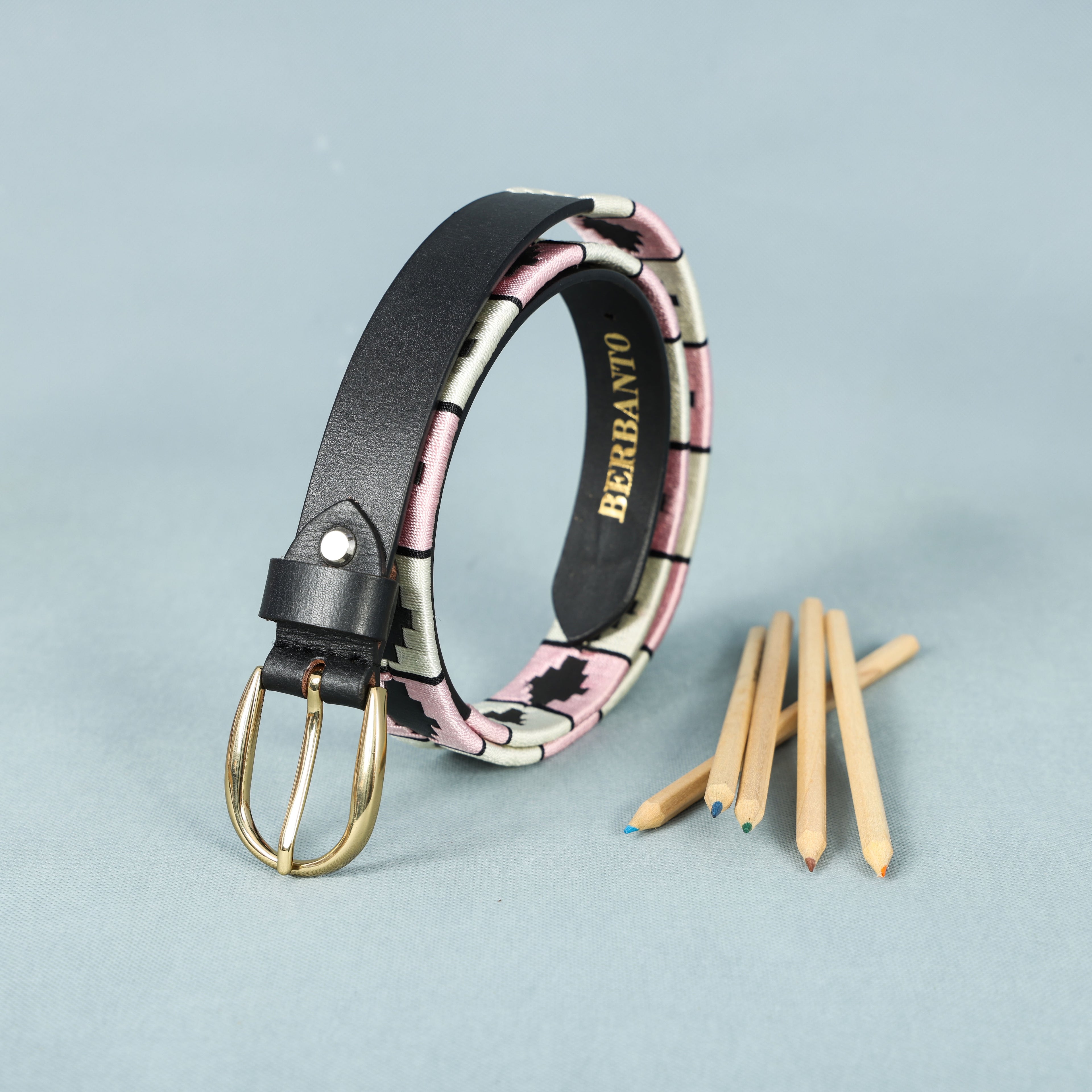 Celeste (Ladies’ Polo Belt with Golden Buckle – Argentinian Handcrafted Leather with Traditional Embroidered Patterns)