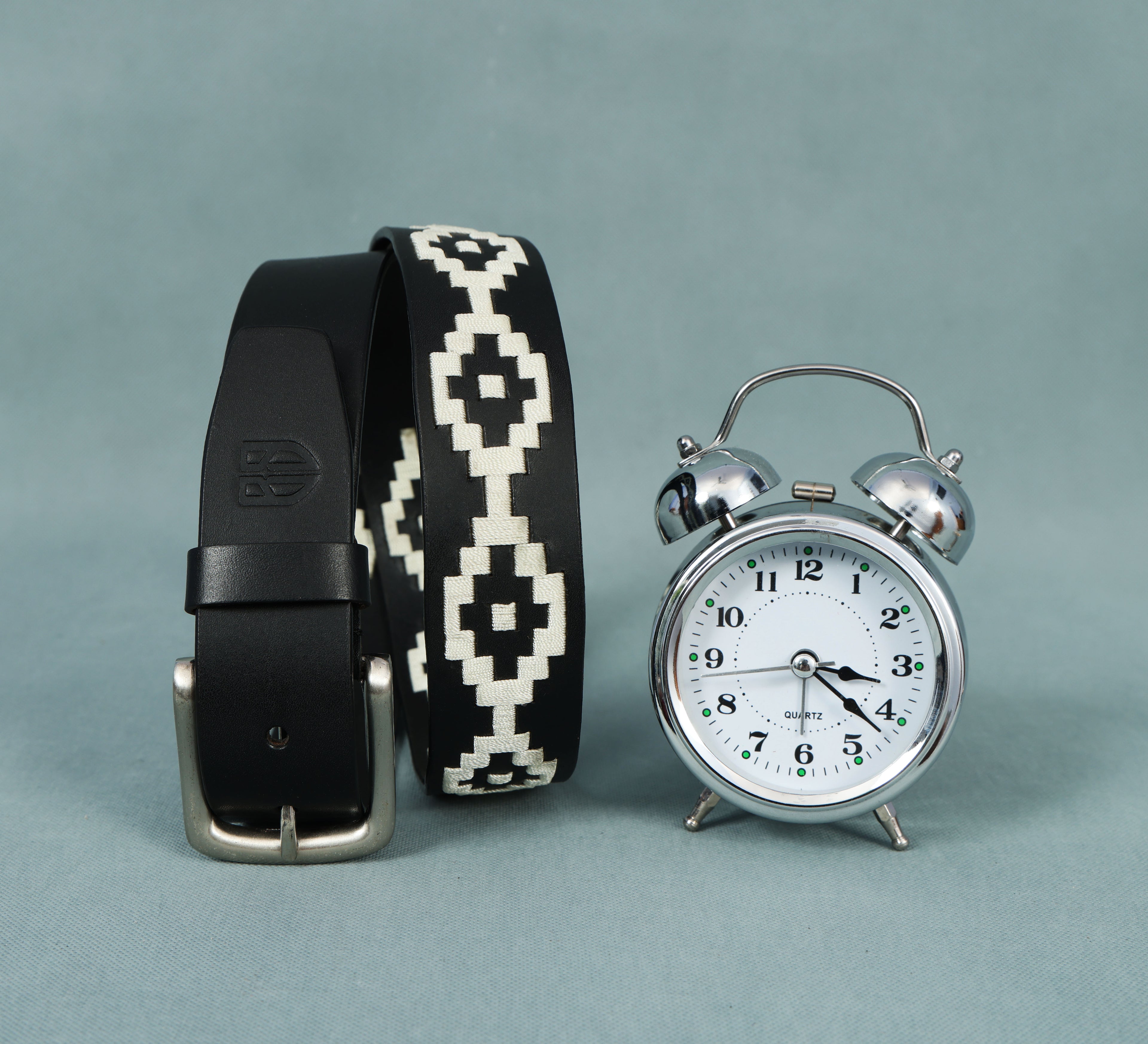 Black Polo Leather Belt with Cream Stitching & Silver Buckle