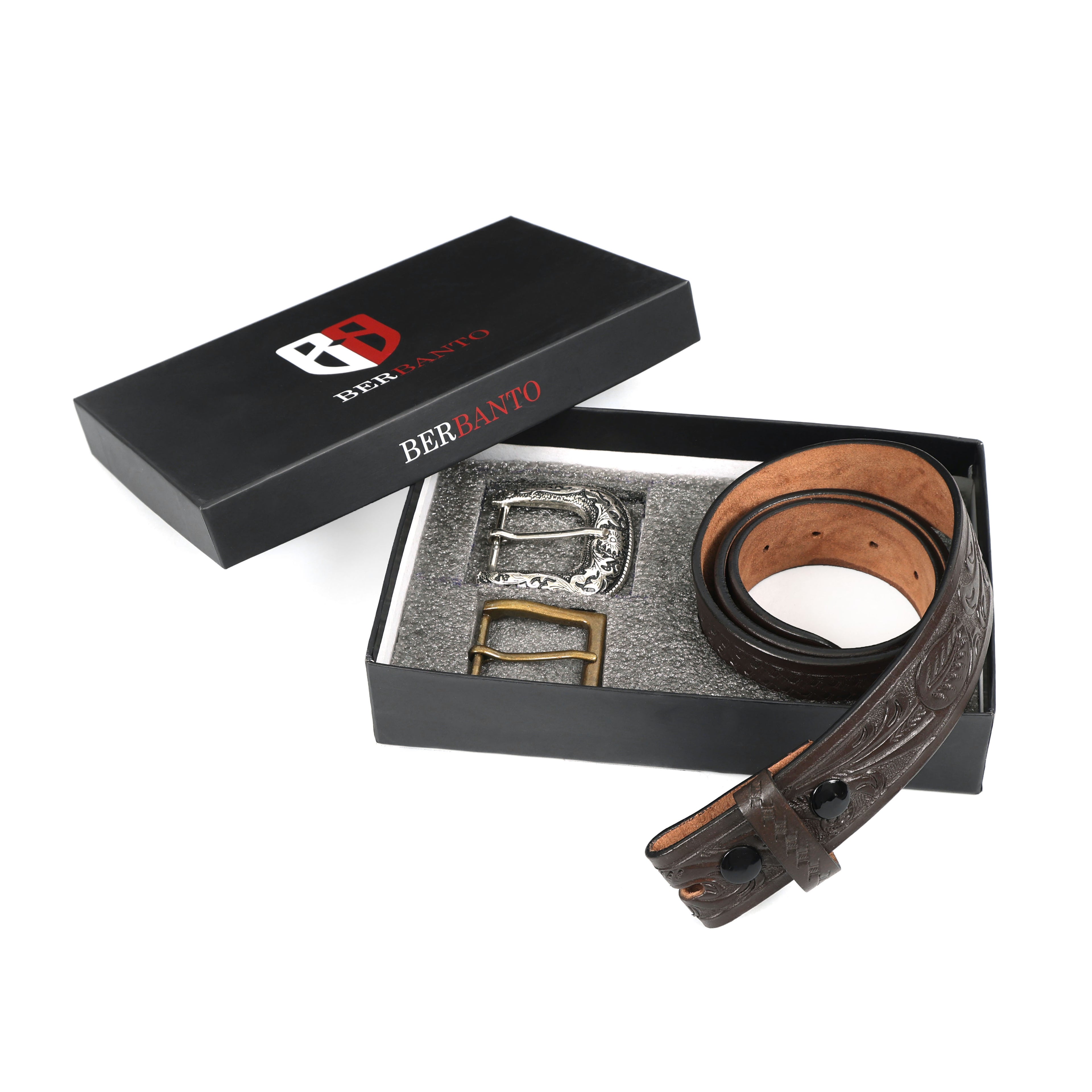 Dark Brown Leather Western Belt with Western Engraved Rustic Silver Buckle + Free Antique Plain Buckle