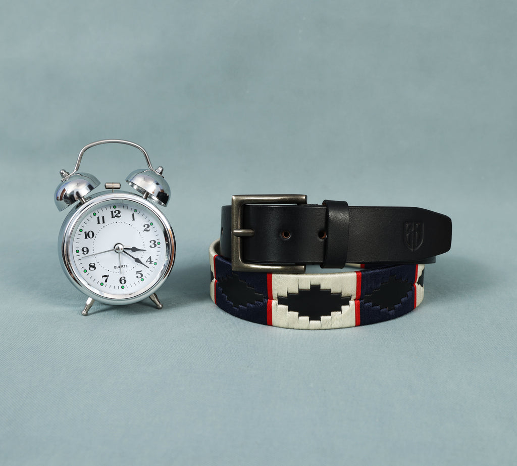 Black Polo Leather Belt with Cream, Blue, and Red Stitching & Antique Buckle