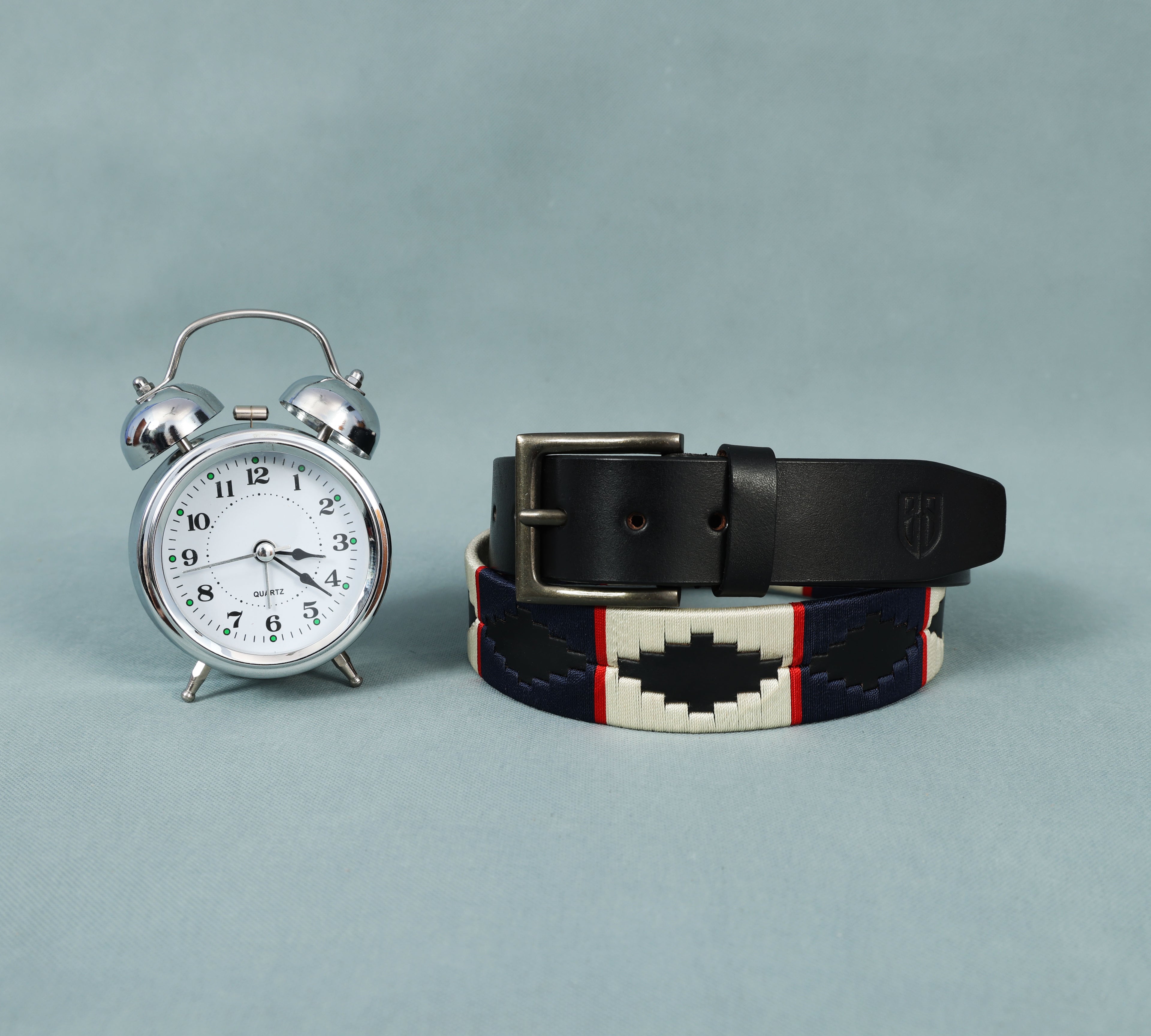 Black Polo Leather Belt with Cream, Blue, and Red Stitching & Antique Buckle