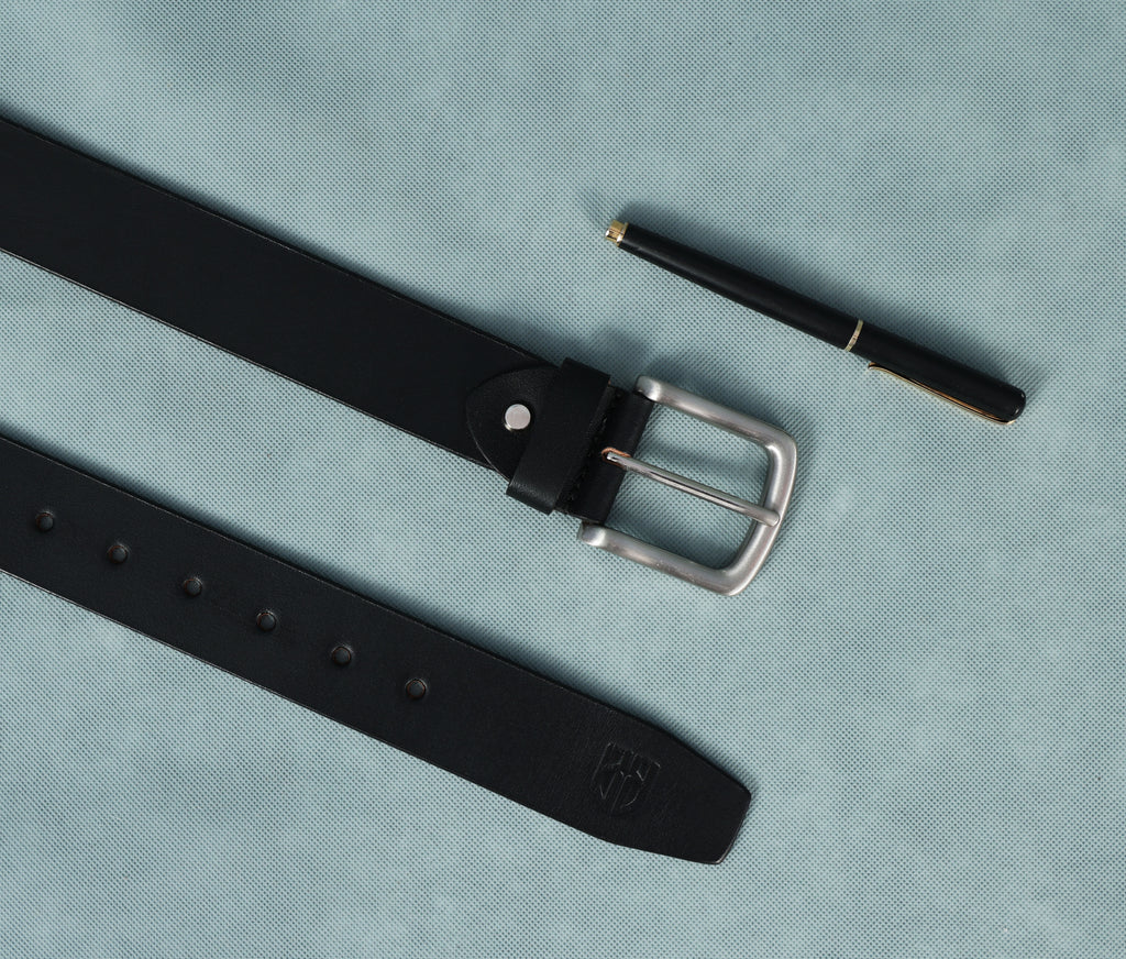 Black Polo Leather Belt with Blue, Red, and Cream Stitching & Silver Buckle