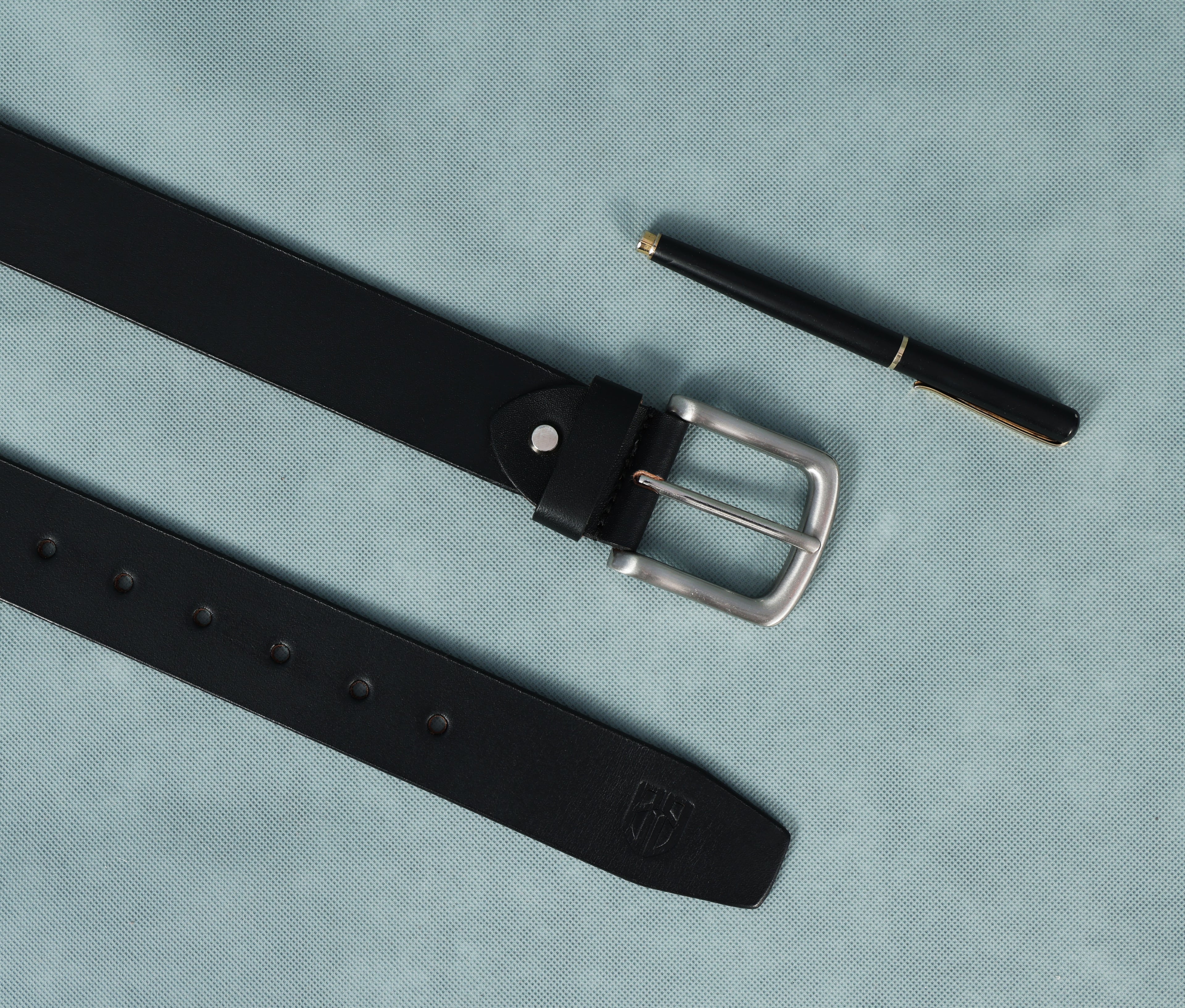 Black Polo Leather Belt with Blue, Red, and Cream Stitching & Silver Buckle
