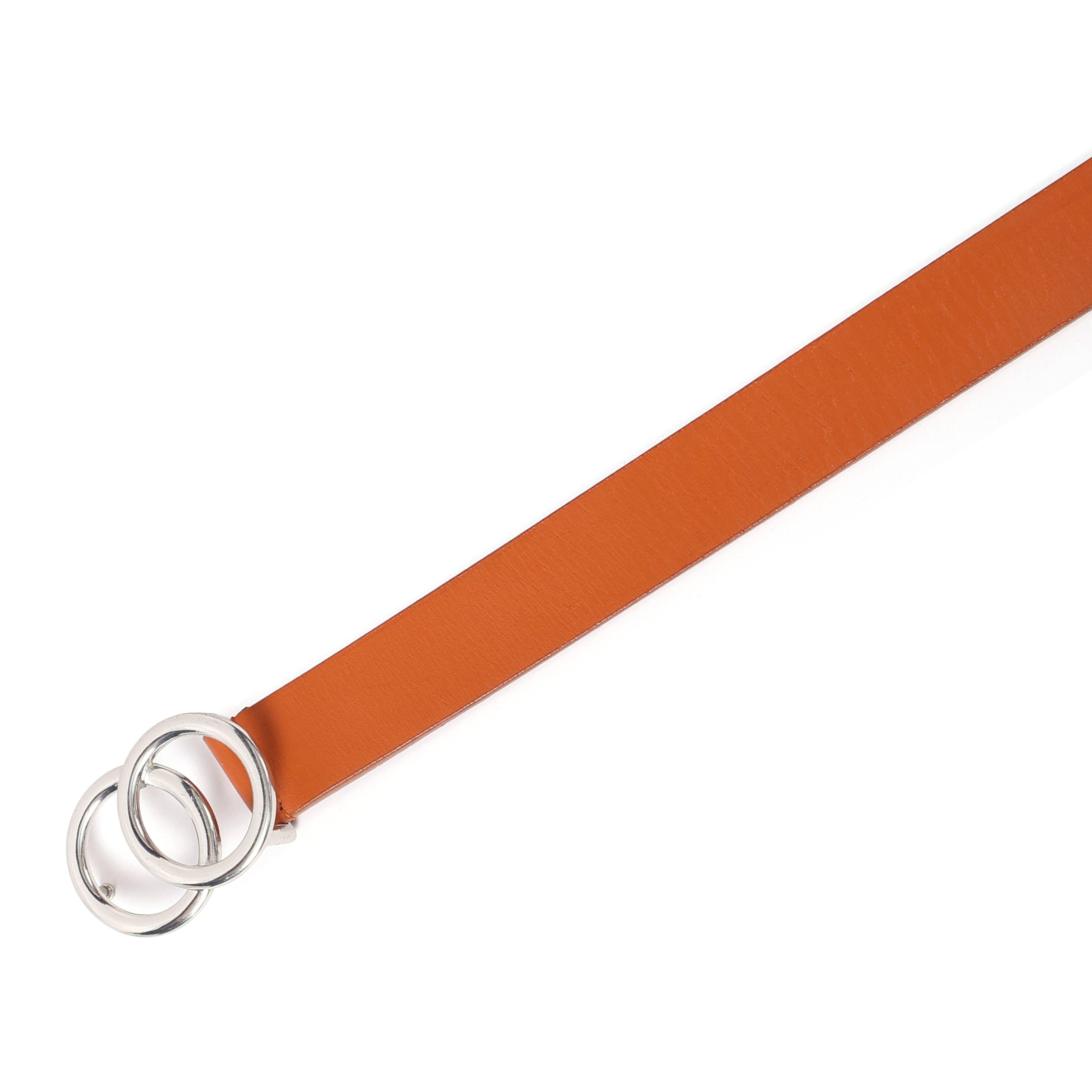 Tan Leather Belt for Women with Double Ring Silver Buckle