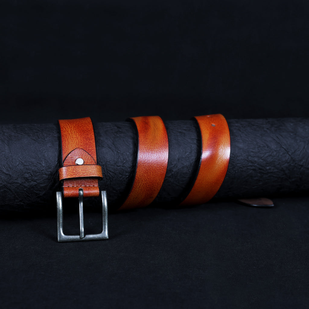 Tan Hand-Painted Leather Belt - Hammered with Antique Buckle