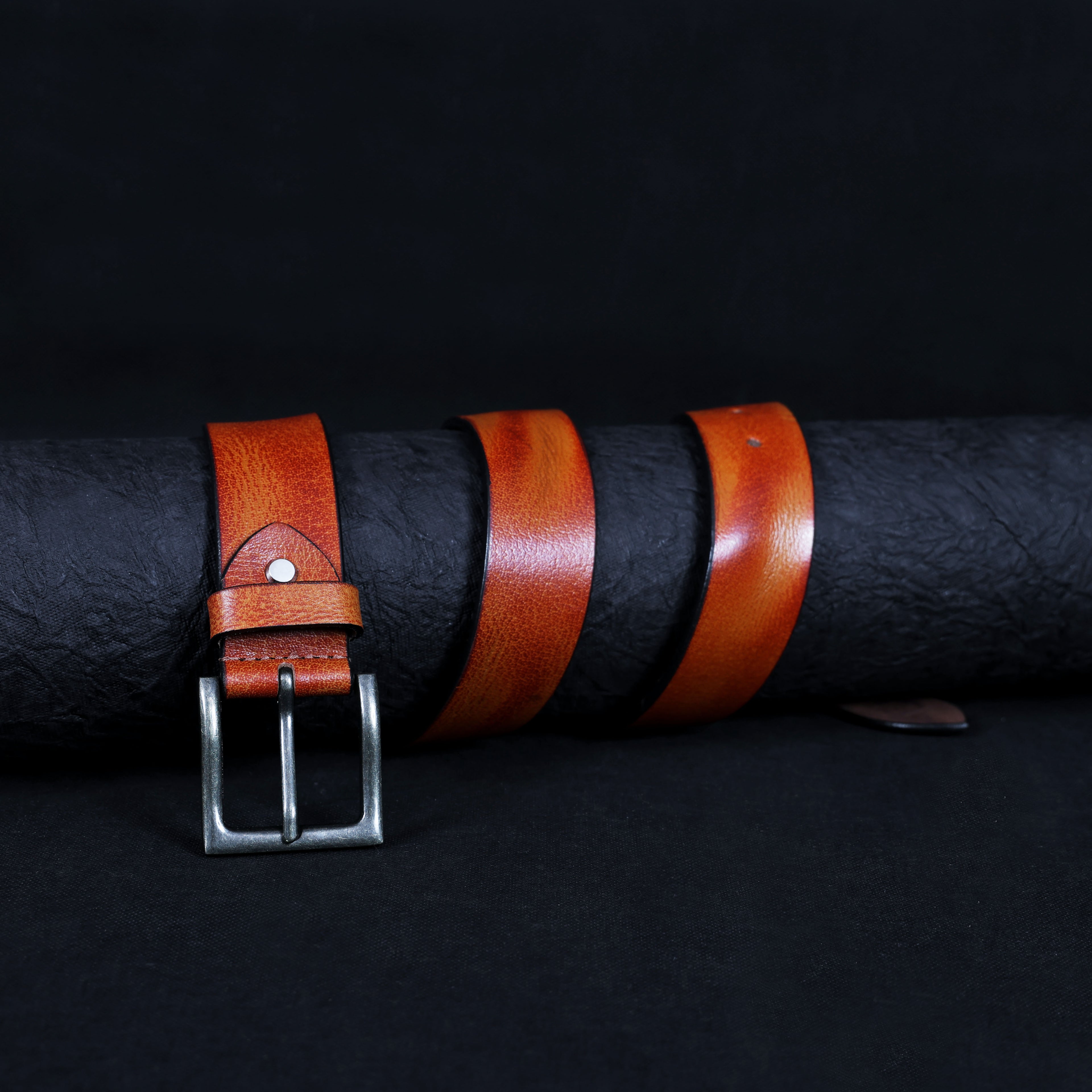 Tan Hand-Painted Leather Belt - Hammered with Antique Buckle