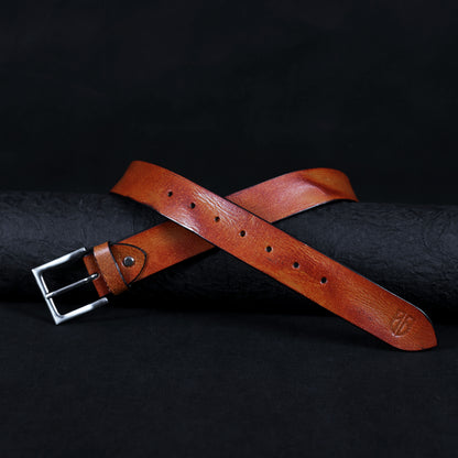 Tan Hand-Painted Leather Belt - Hammered with Silver Buckle