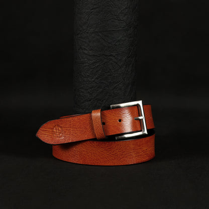 Tan Hand-Painted Leather Belt - Distressed with Silver Buckle