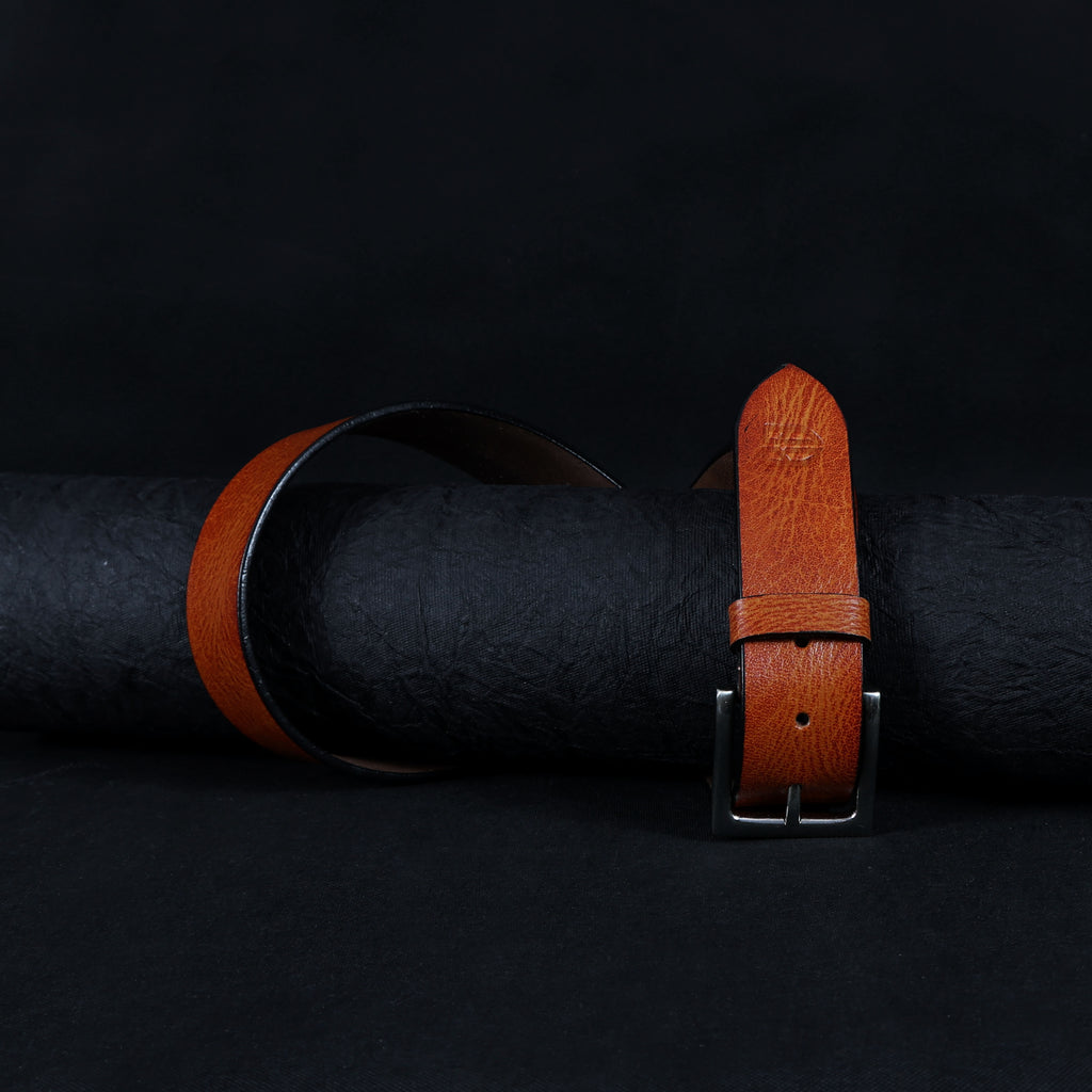 Tan Hand-Painted Leather Belt - Tree Pattern with Antique Buckle